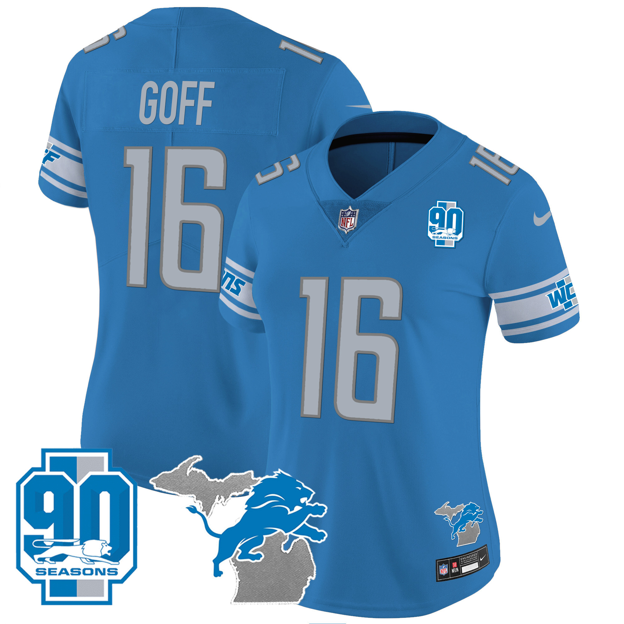 Women's Detroit Lions 90th Year & Michigan Patch Vapor Jersey - All Stitched - Image 14