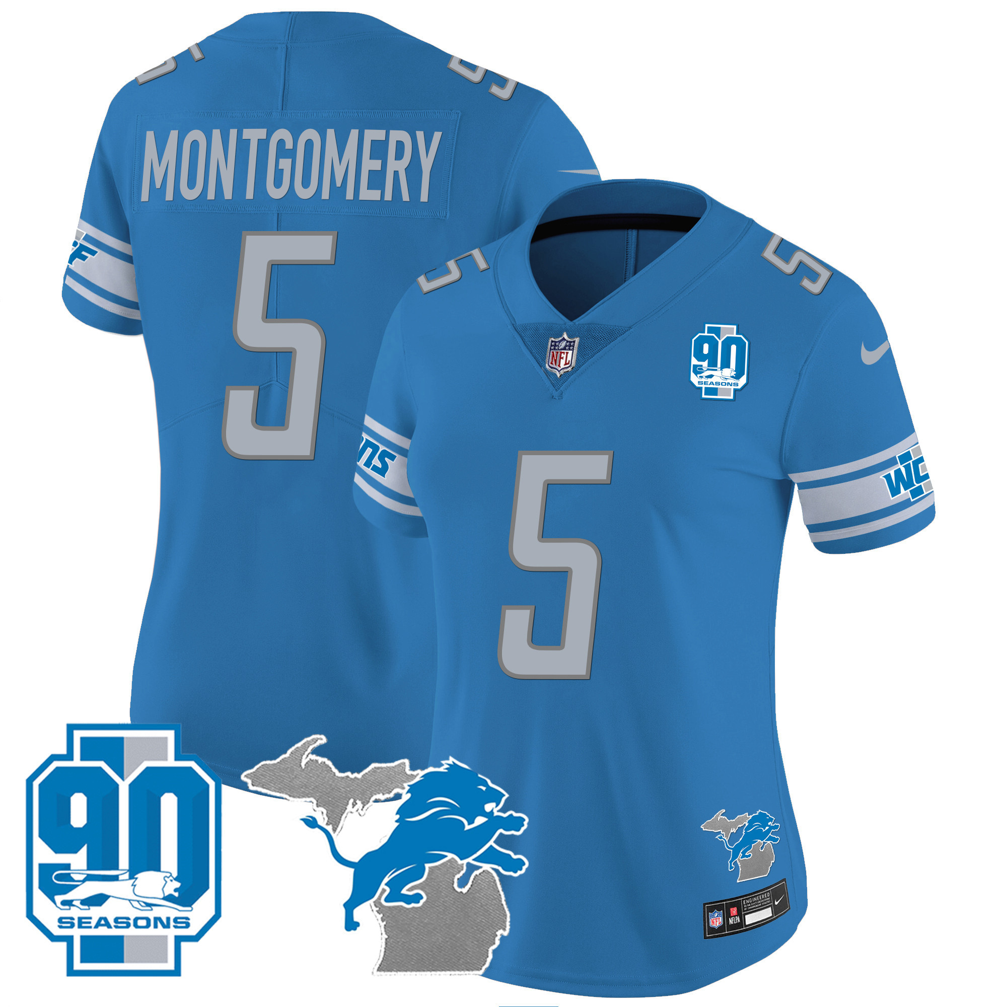 Women's Detroit Lions 90th Year & Michigan Patch Vapor Jersey - All Stitched - Image 16