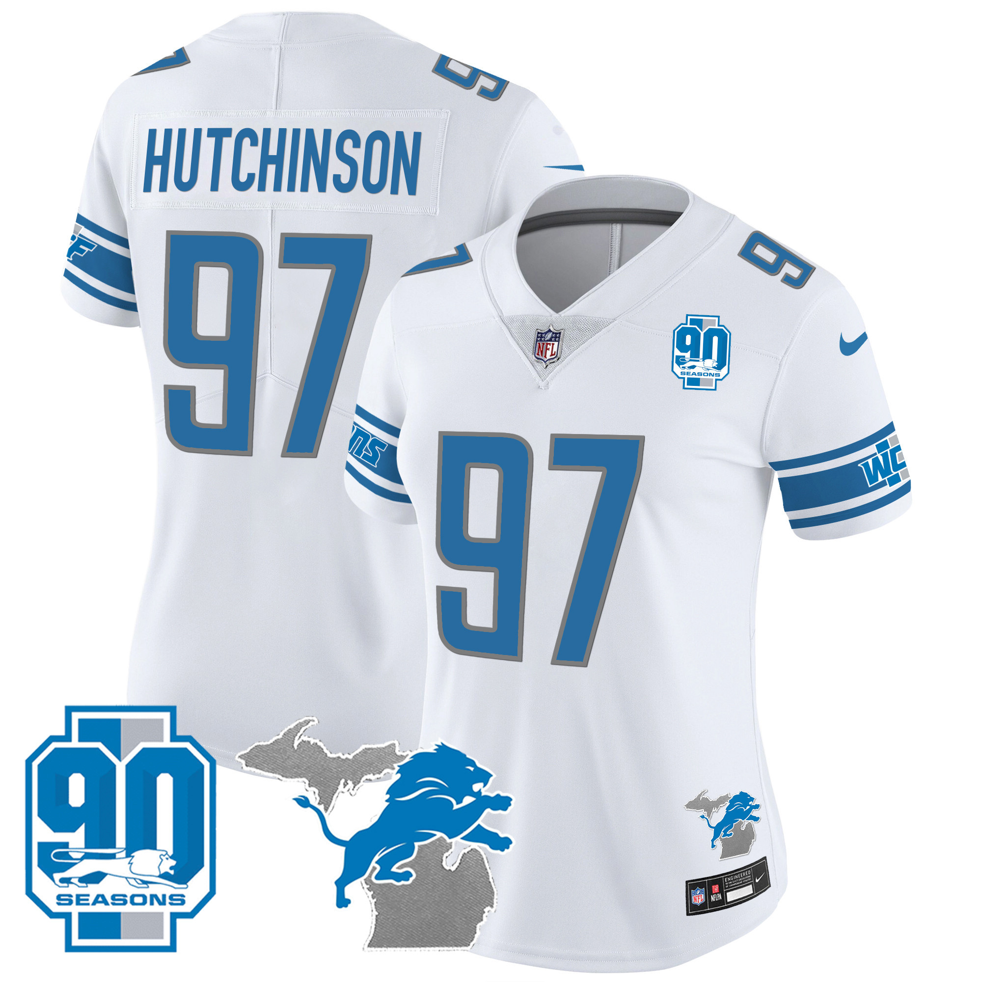Women's Detroit Lions 90th Year & Michigan Patch Vapor Jersey - All Stitched - Image 19