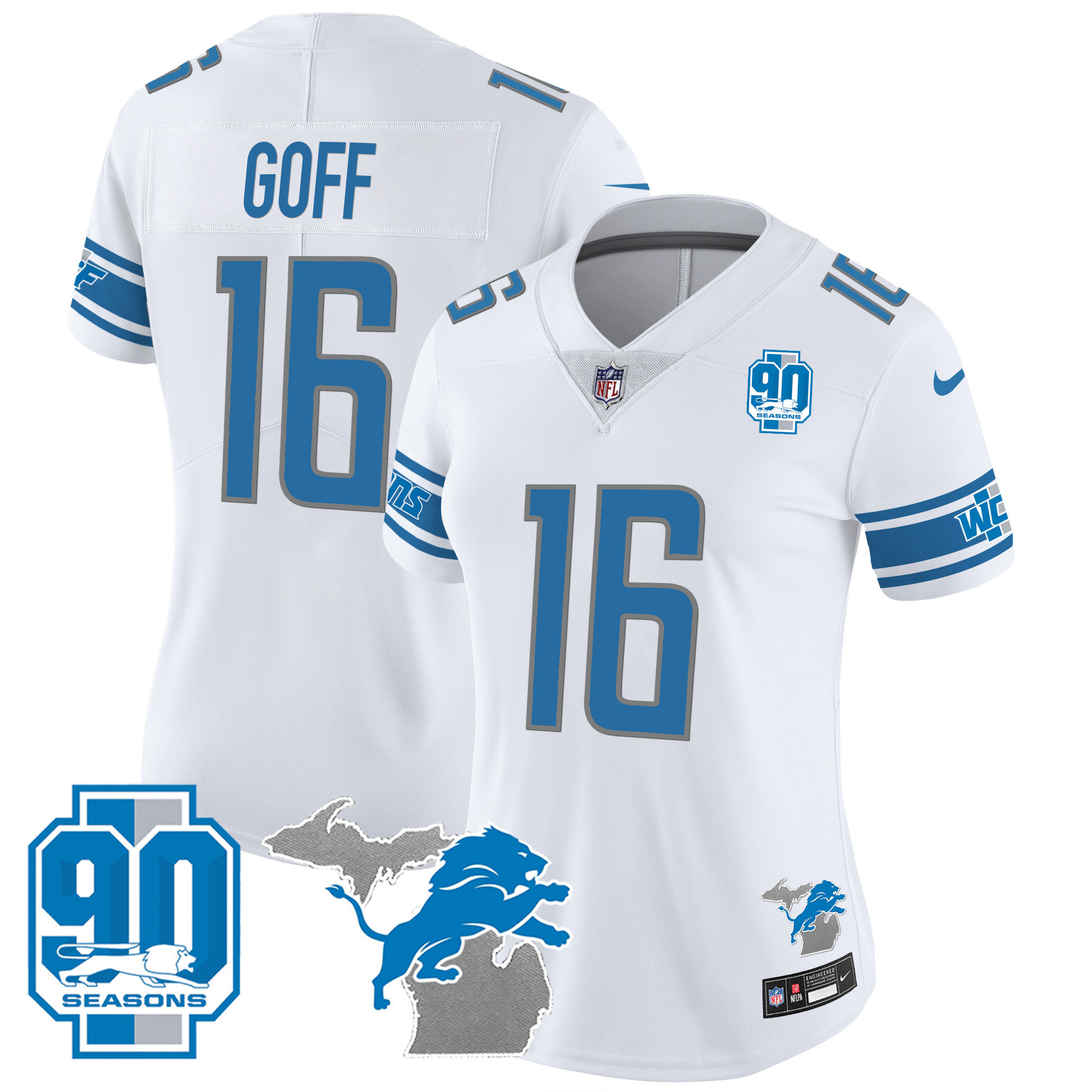 Women's Detroit Lions 90th Year & Michigan Patch Vapor Jersey - All Stitched - Image 20
