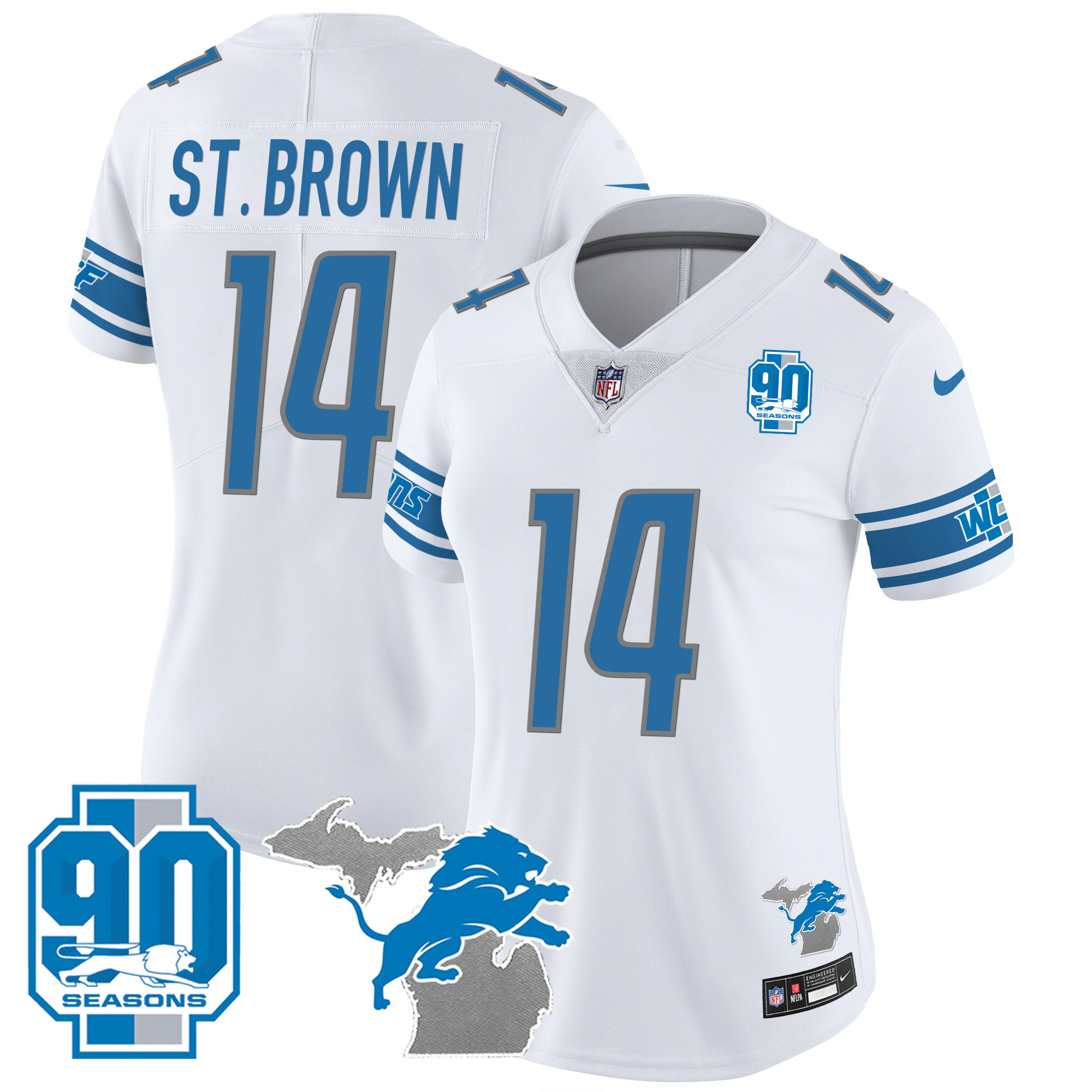 Women's Detroit Lions 90th Year & Michigan Patch Vapor Jersey - All Stitched - Image 21