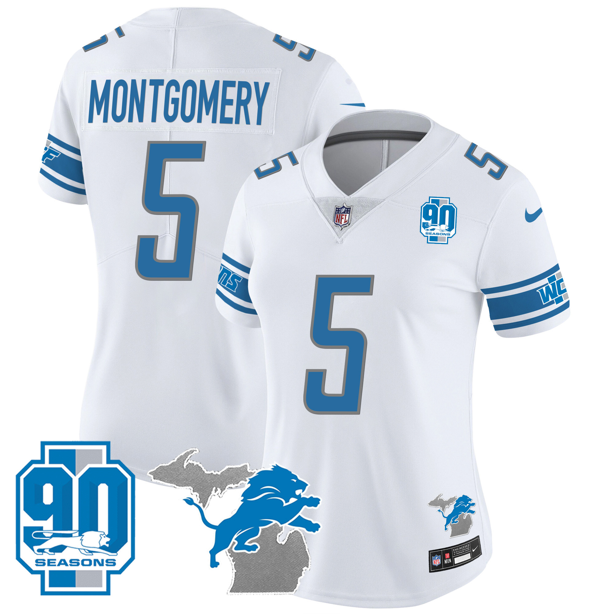 Women's Detroit Lions 90th Year & Michigan Patch Vapor Jersey - All Stitched - Image 22