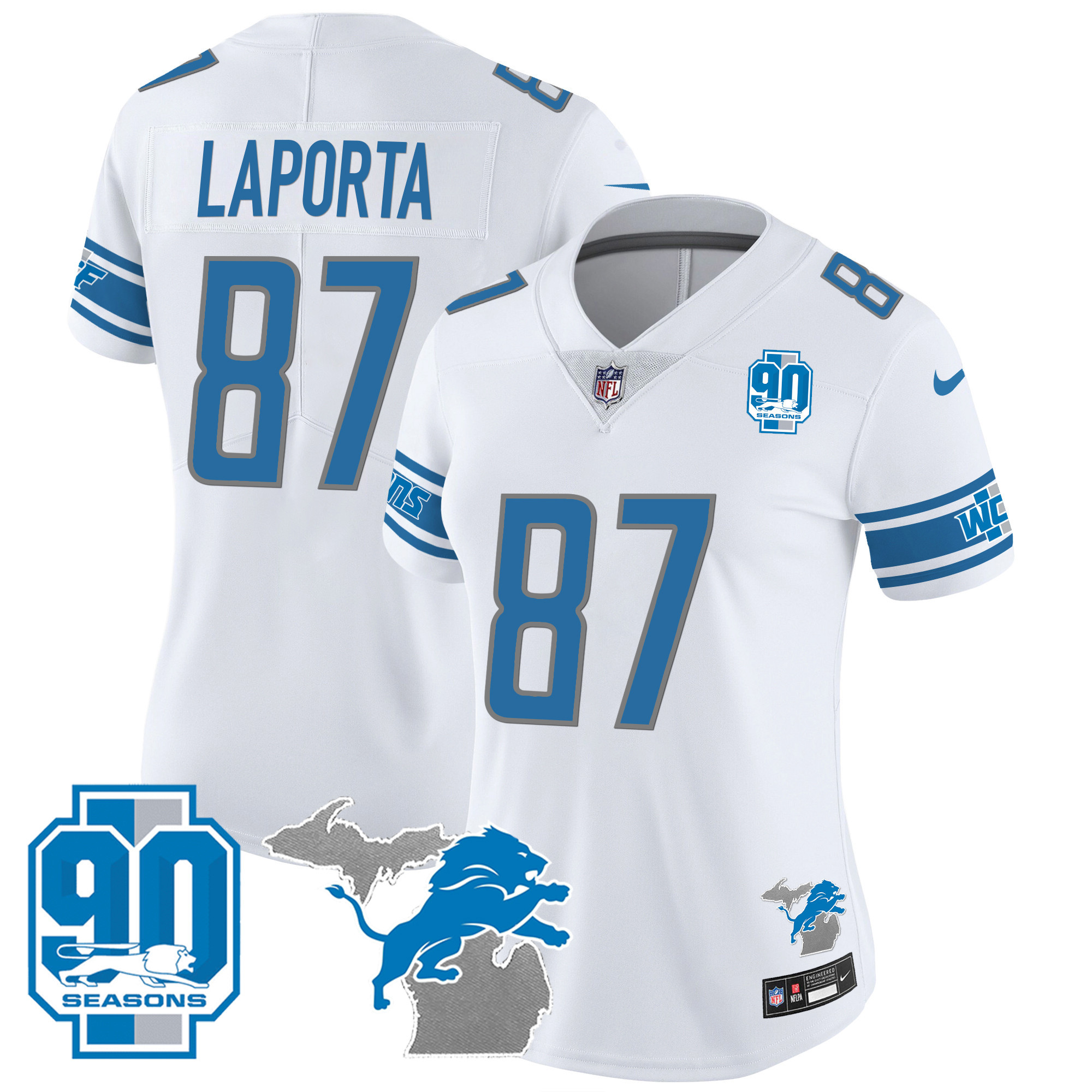 Women's Detroit Lions 90th Year & Michigan Patch Vapor Jersey - All Stitched - Image 24