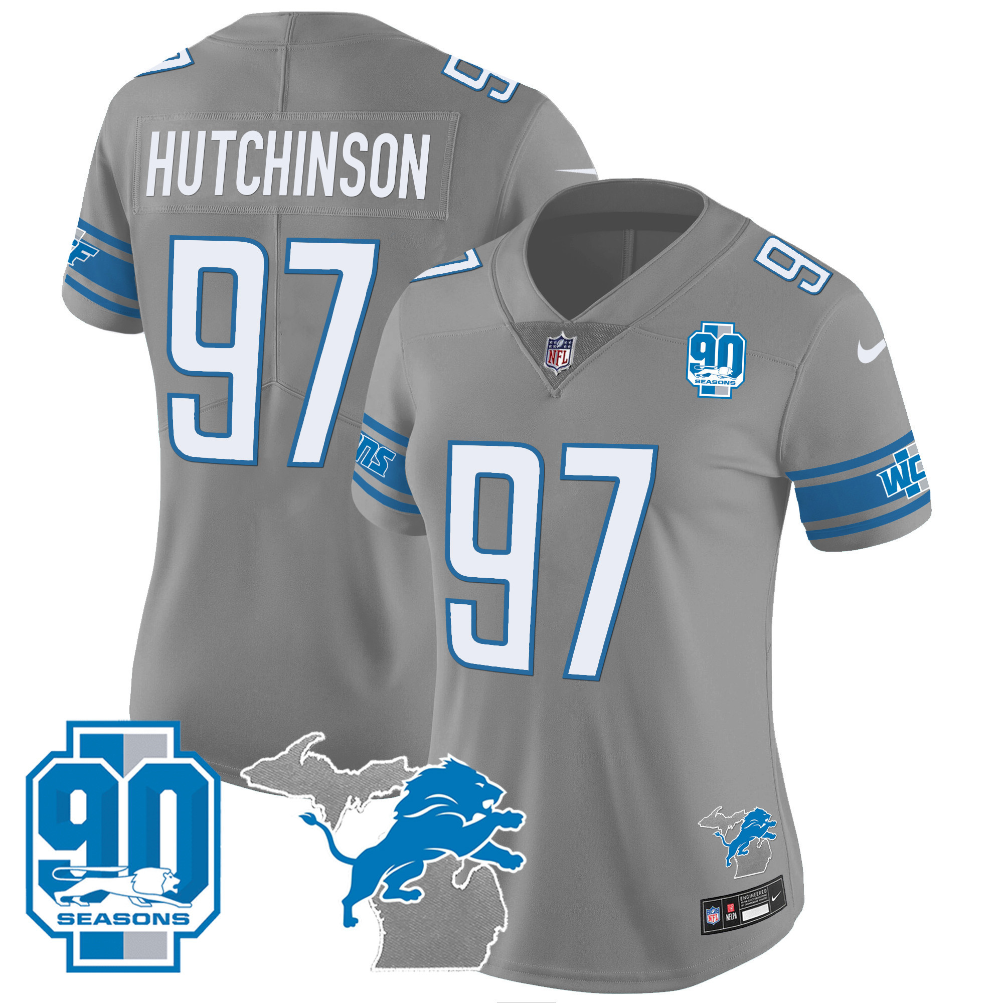 Women's Detroit Lions 90th Year & Michigan Patch Vapor Jersey - All Stitched - Image 25