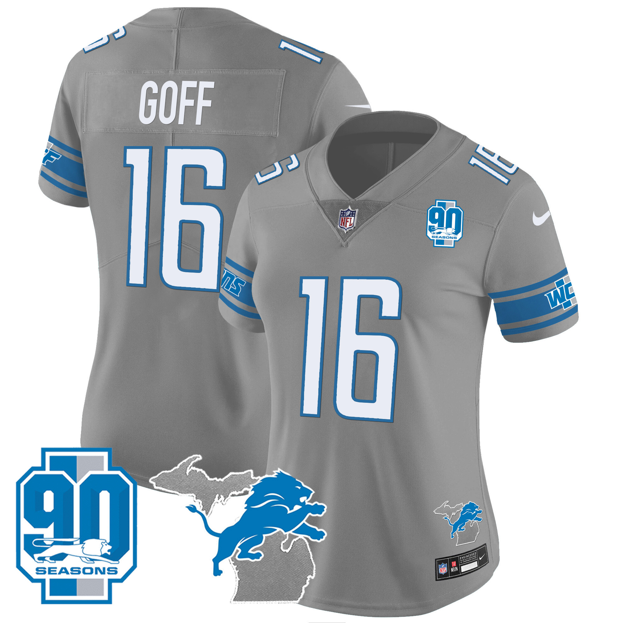 Women's Detroit Lions 90th Year & Michigan Patch Vapor Jersey - All Stitched - Image 26