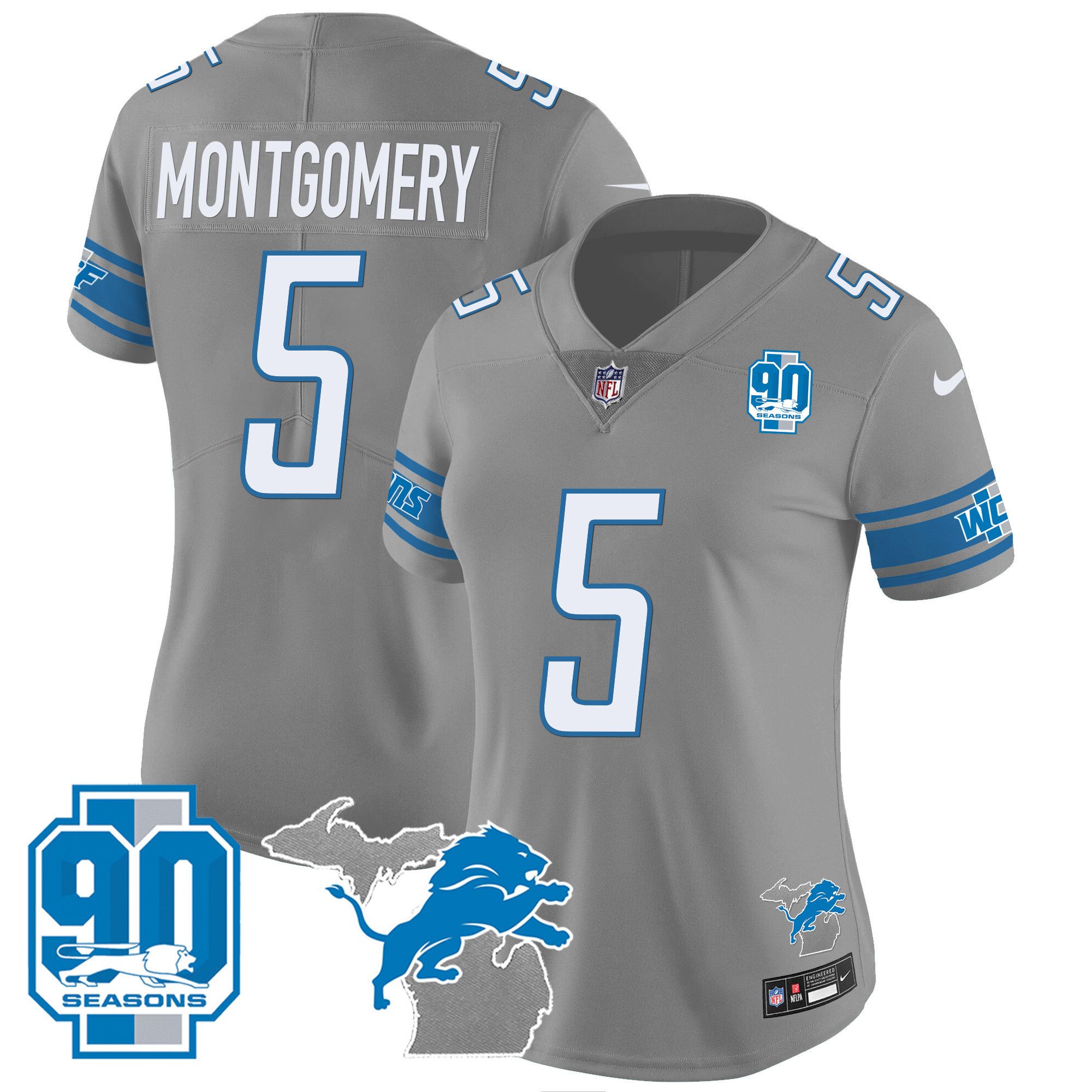 Women's Detroit Lions 90th Year & Michigan Patch Vapor Jersey - All Stitched - Image 28