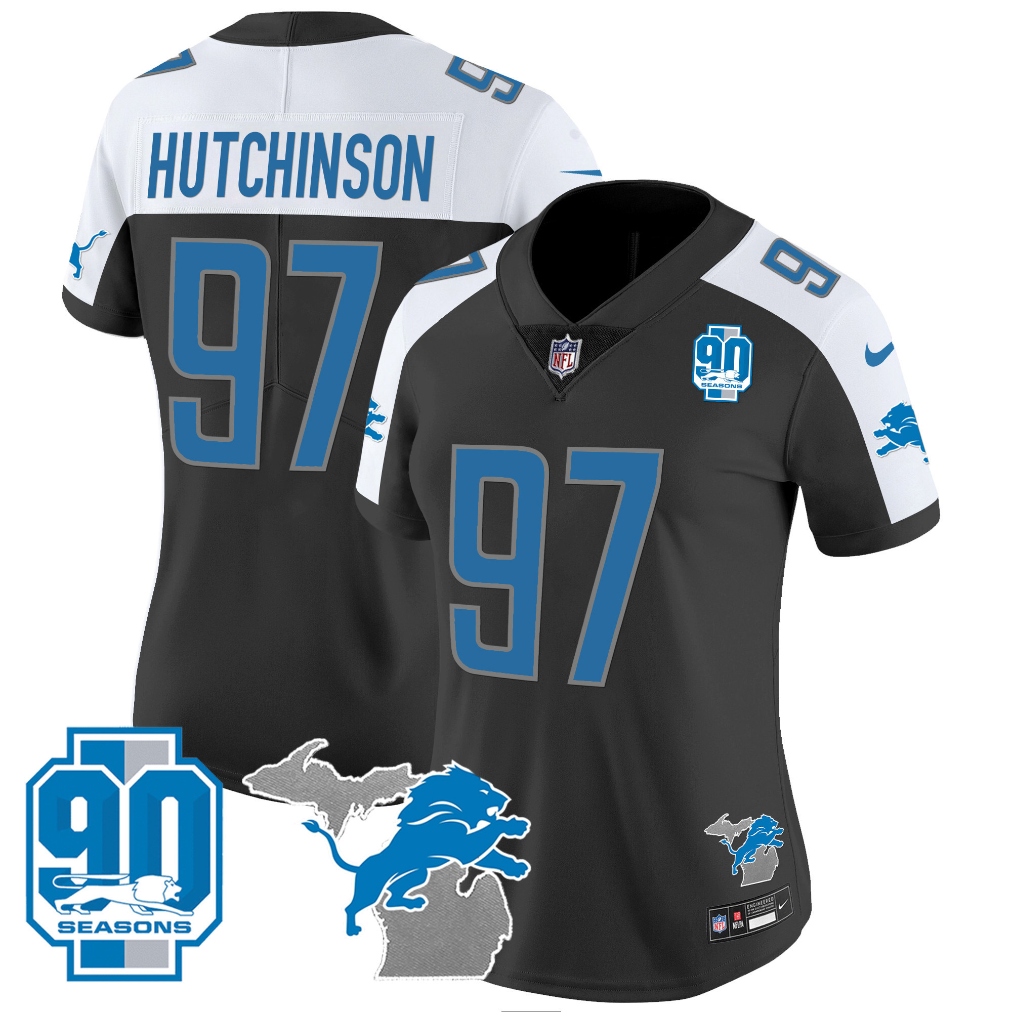 Women's Detroit Lions 90th Year & Michigan Patch Vapor Jersey - All Stitched