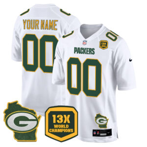Packers 13 Time World Champions & Home Patch Game Custom Jersey – All Stitched