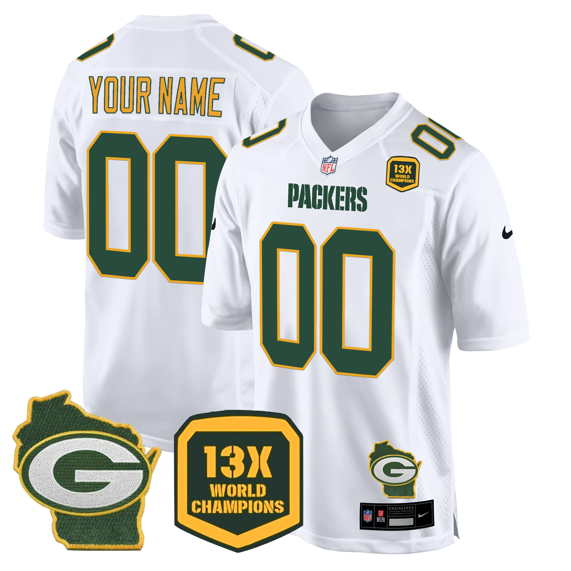 Packers 13 Time World Champions & Home Patch Game Custom Jersey – All Stitched