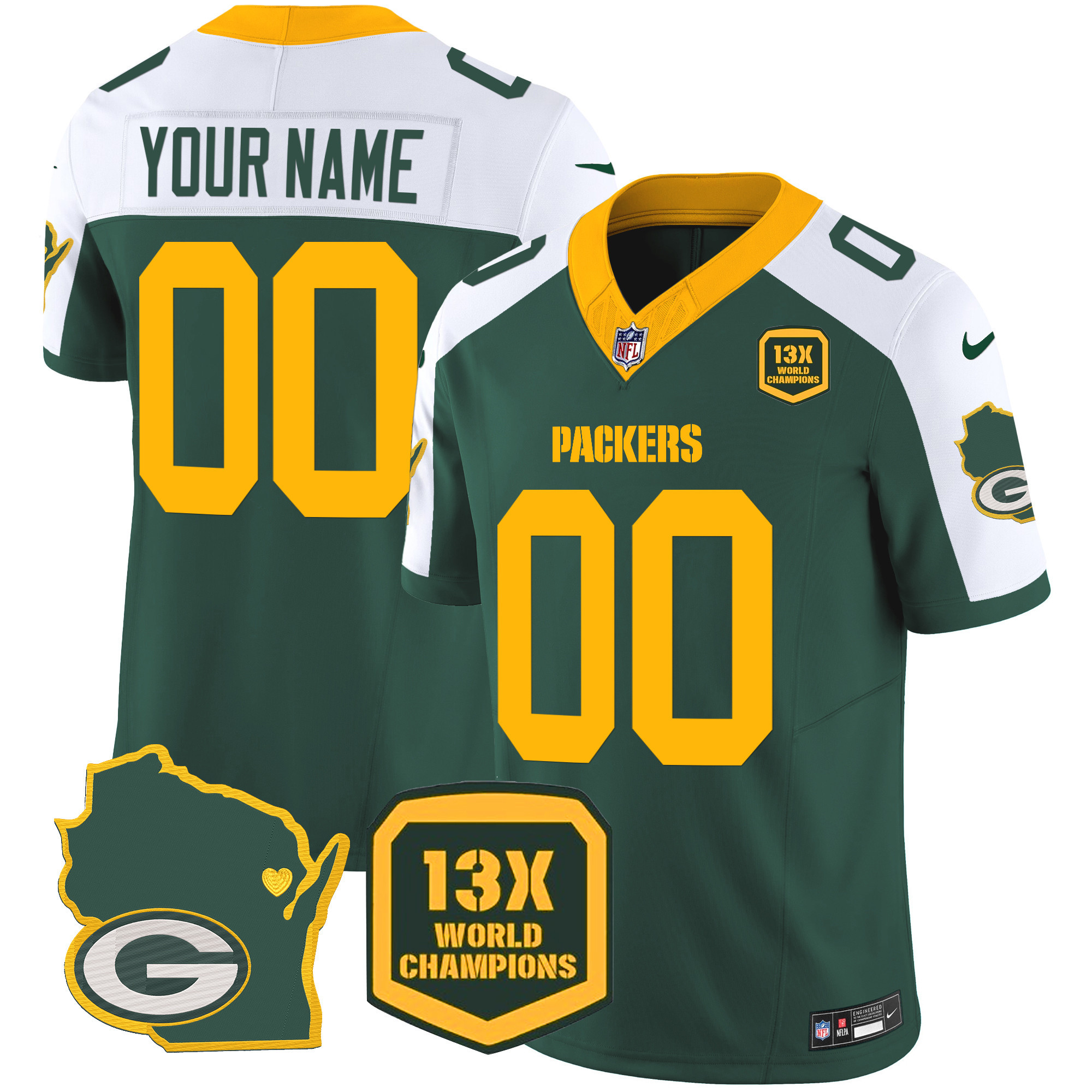 Packers 13 Time World Champions & Home Patch Vapor Custom Jersey V2 – All Stitched - Image 2