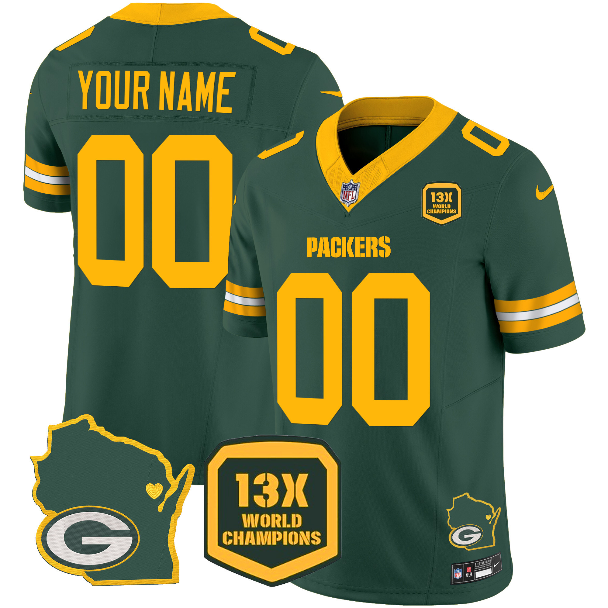 Packers 13 Time World Champions & Home Patch Vapor Custom Jersey V2 – All Stitched - Image 3