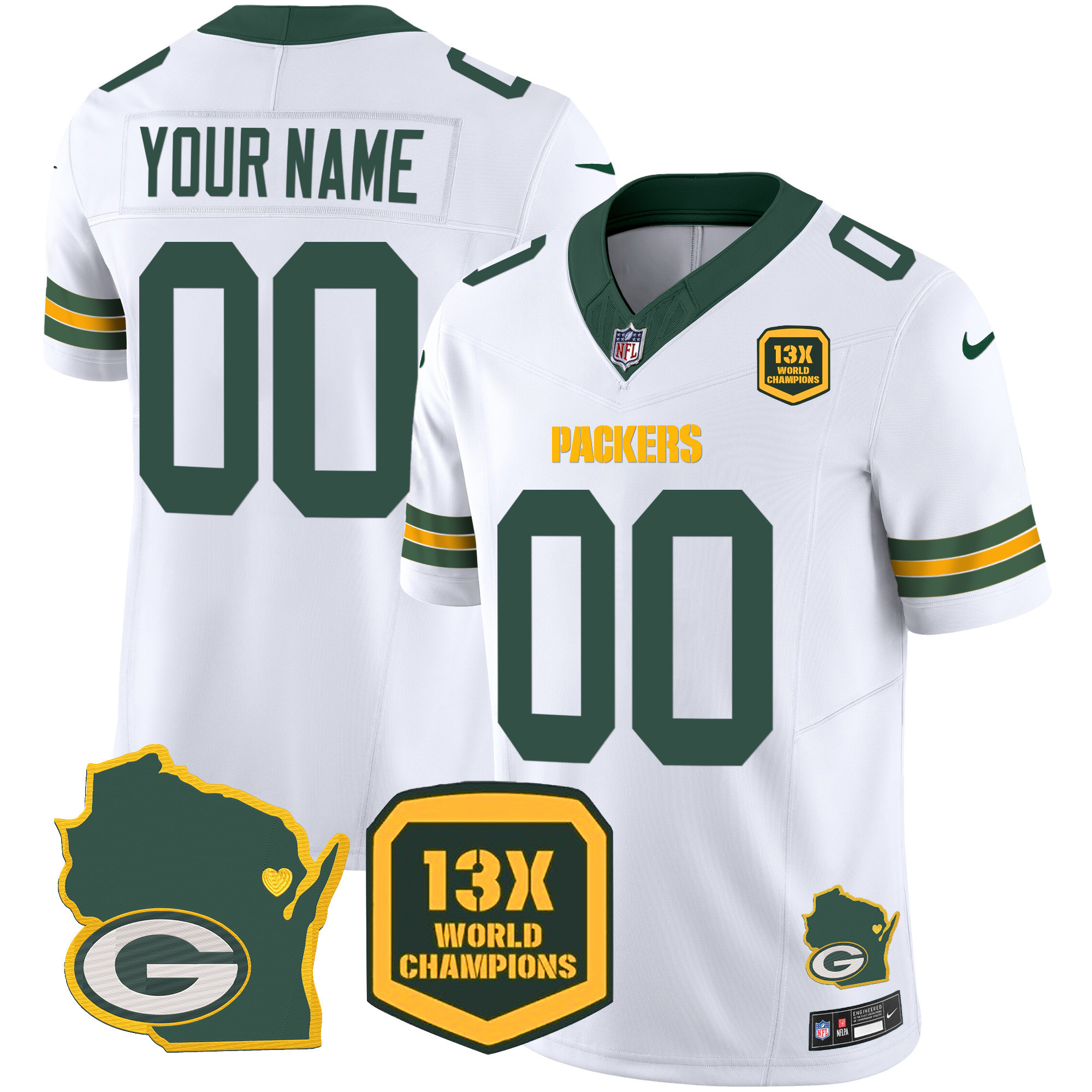 Packers 13 Time World Champions & Home Patch Vapor Custom Jersey V2 – All Stitched - Image 4