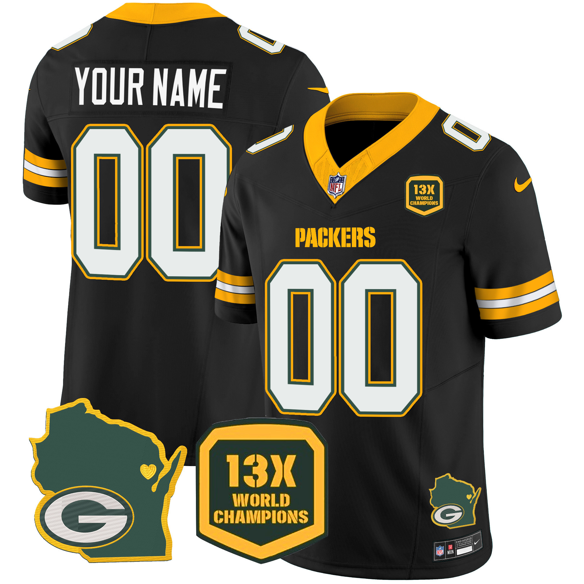 Packers 13 Time World Champions & Home Patch Vapor Custom Jersey V2 – All Stitched - Image 5