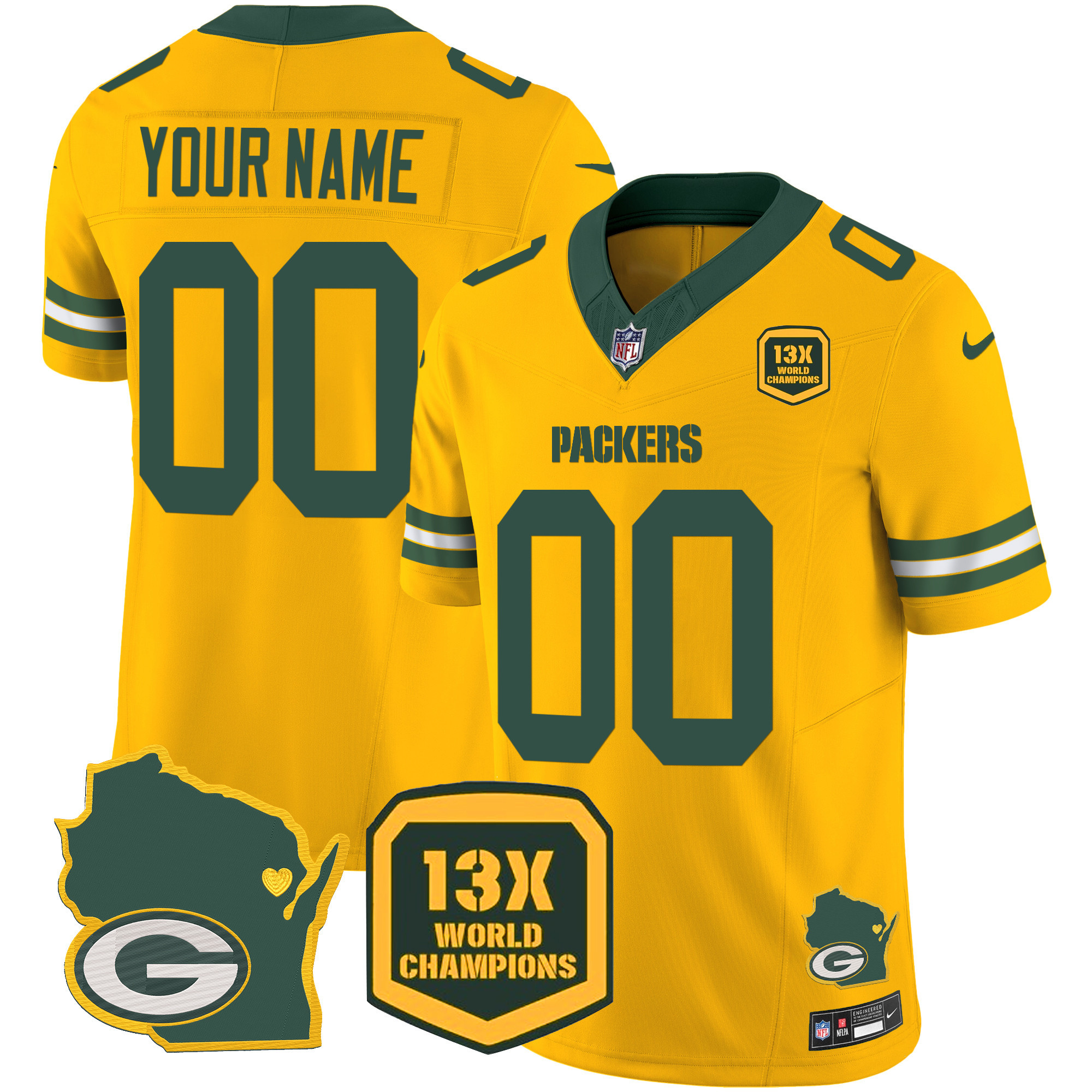 Packers 13 Time World Champions & Home Patch Vapor Custom Jersey V2 – All Stitched - Image 6