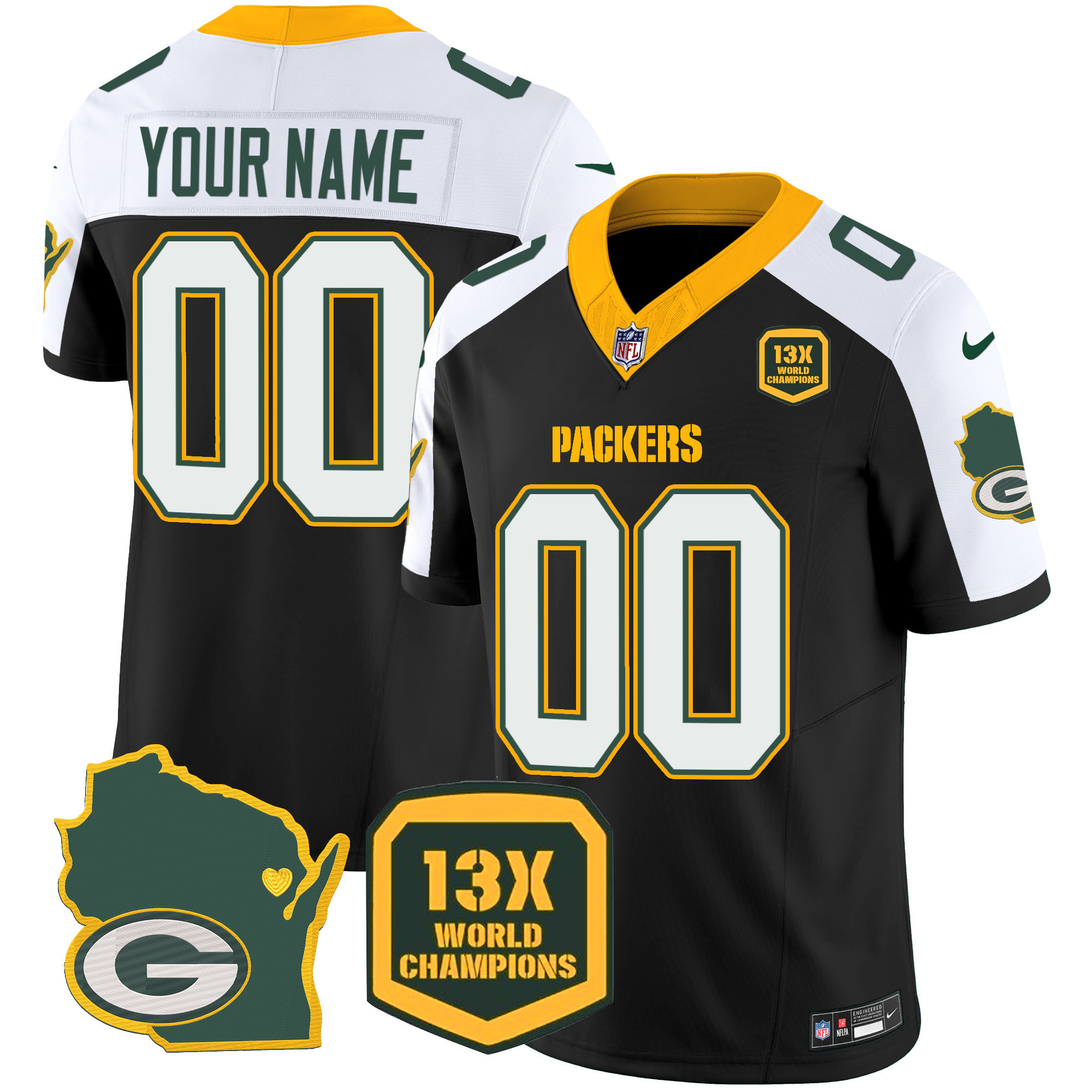 Packers 13 Time World Champions & Home Patch Vapor Custom Jersey V2 – All Stitched