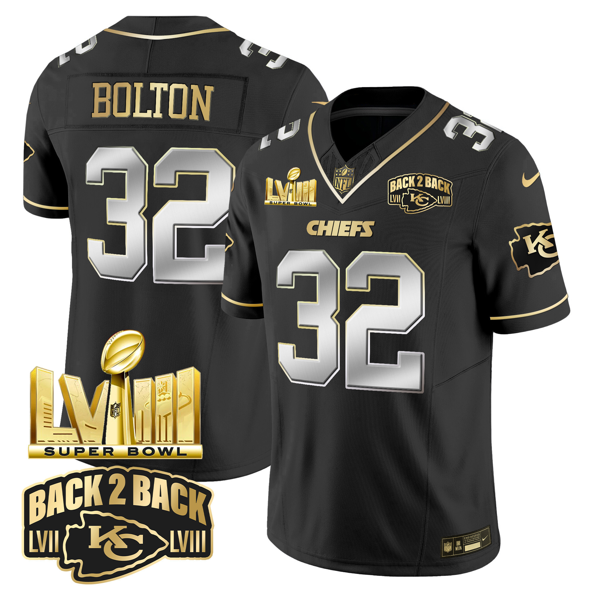 Youth's Chiefs Super Bowl LVIII & Back 2 Back Gold Patch Vapor Jersey V2 - All Stitched - Image 6