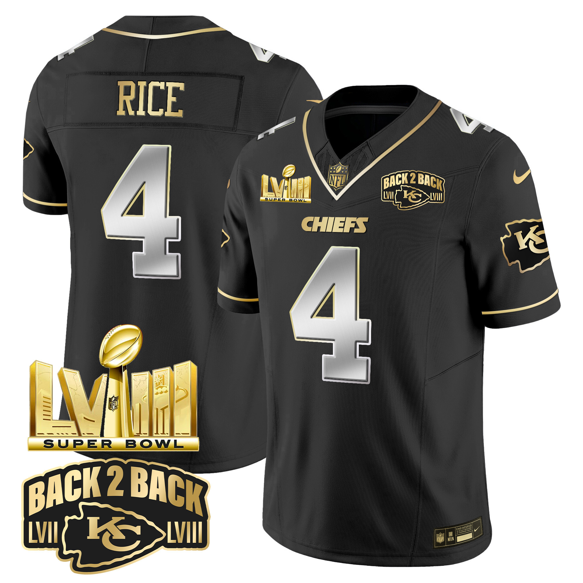 Youth's Chiefs Super Bowl LVIII & Back 2 Back Gold Patch Vapor Jersey V2 - All Stitched - Image 7