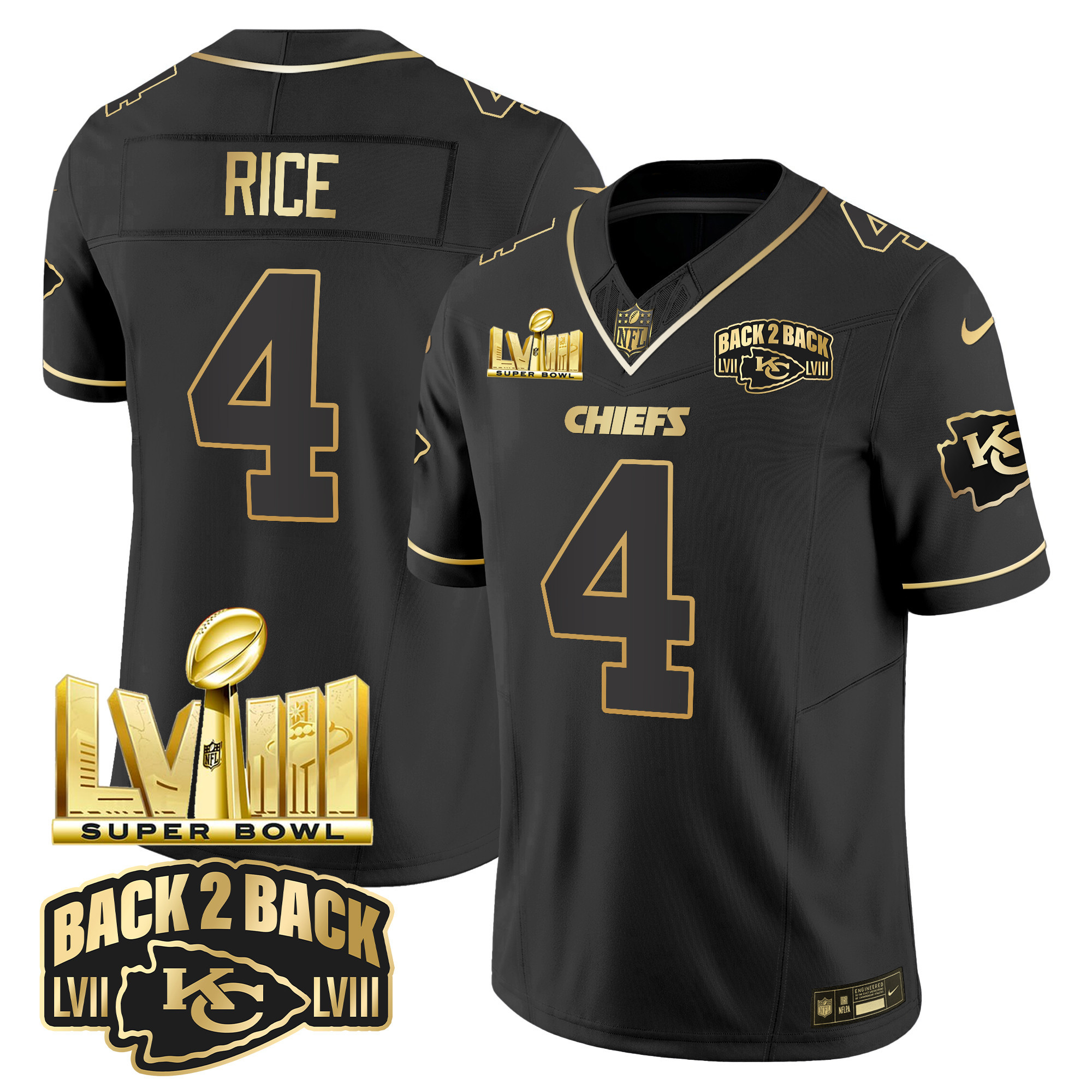 Youth's Chiefs Super Bowl LVIII & Back 2 Back Gold Patch Vapor Jersey V2 - All Stitched - Image 14