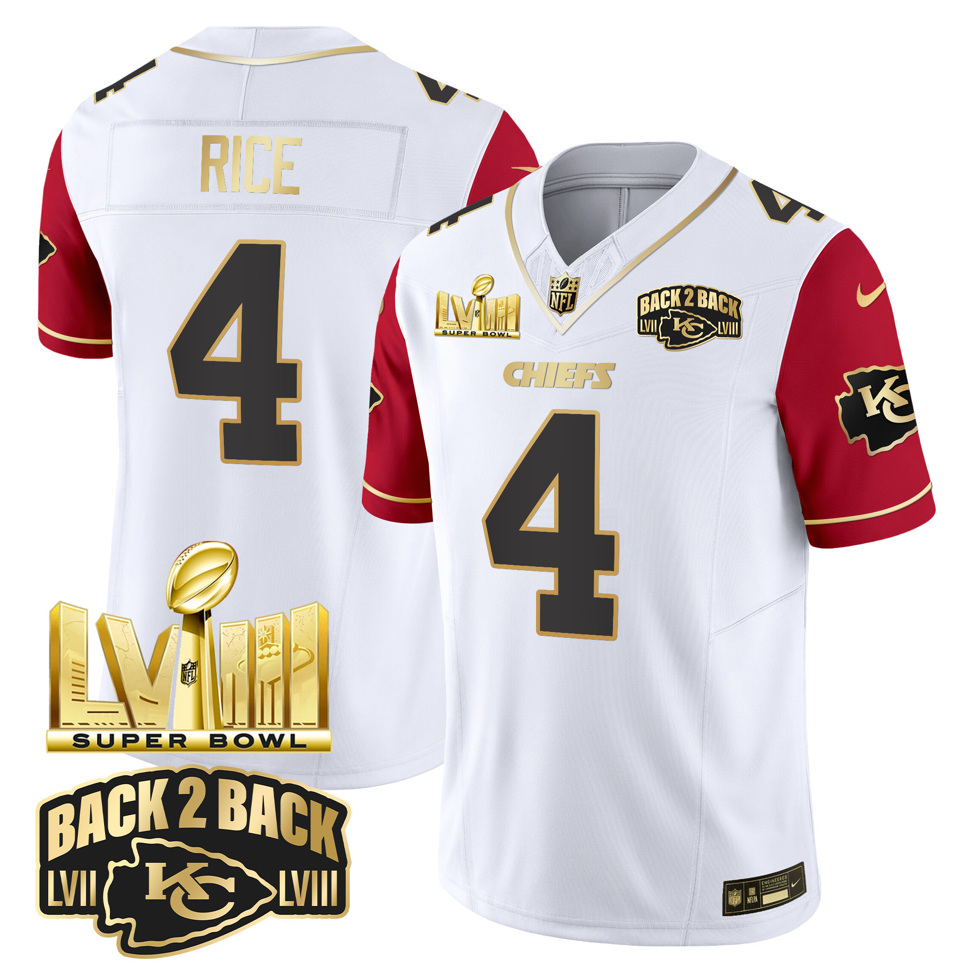 Youth's Chiefs Super Bowl LVIII & Back 2 Back Gold Patch Vapor Jersey V2 - All Stitched - Image 42