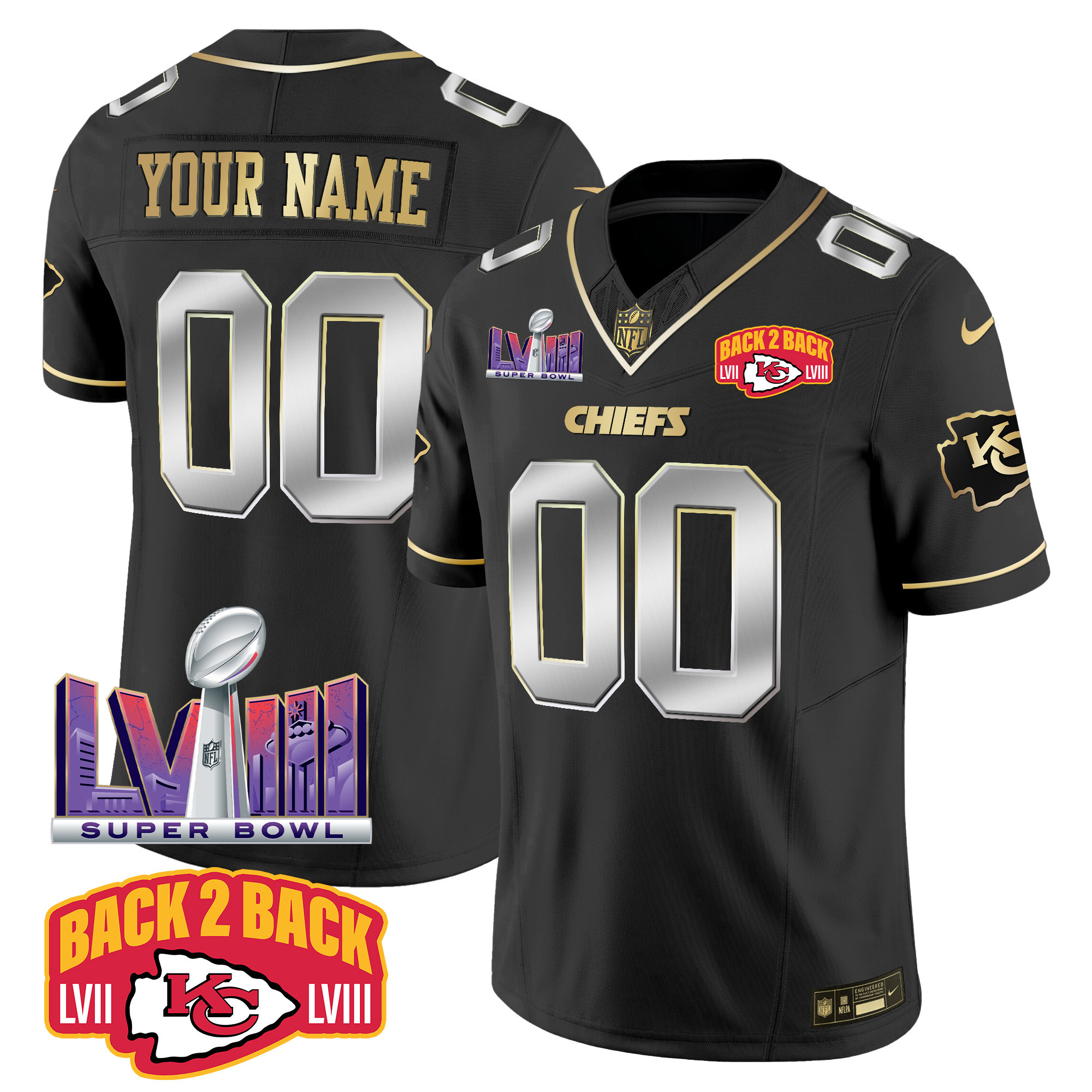 Chiefs Super Bowl LVIII & Back 2 Back Patch Vapor Custom Jersey V2 - All Stitched