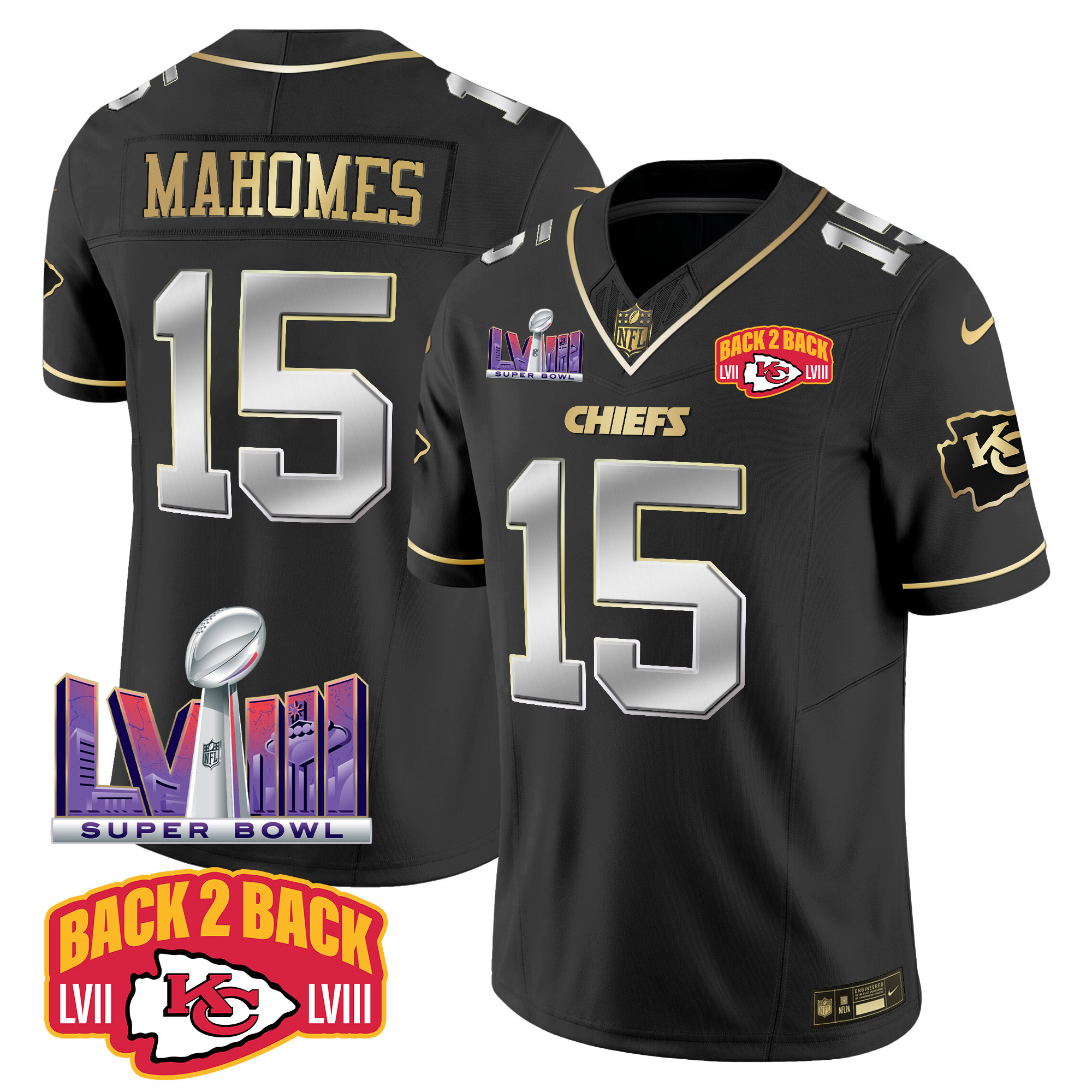 Men's Chiefs Super Bowl LVIII & Back 2 Back Patch Vapor Jersey V2 - All Stitched