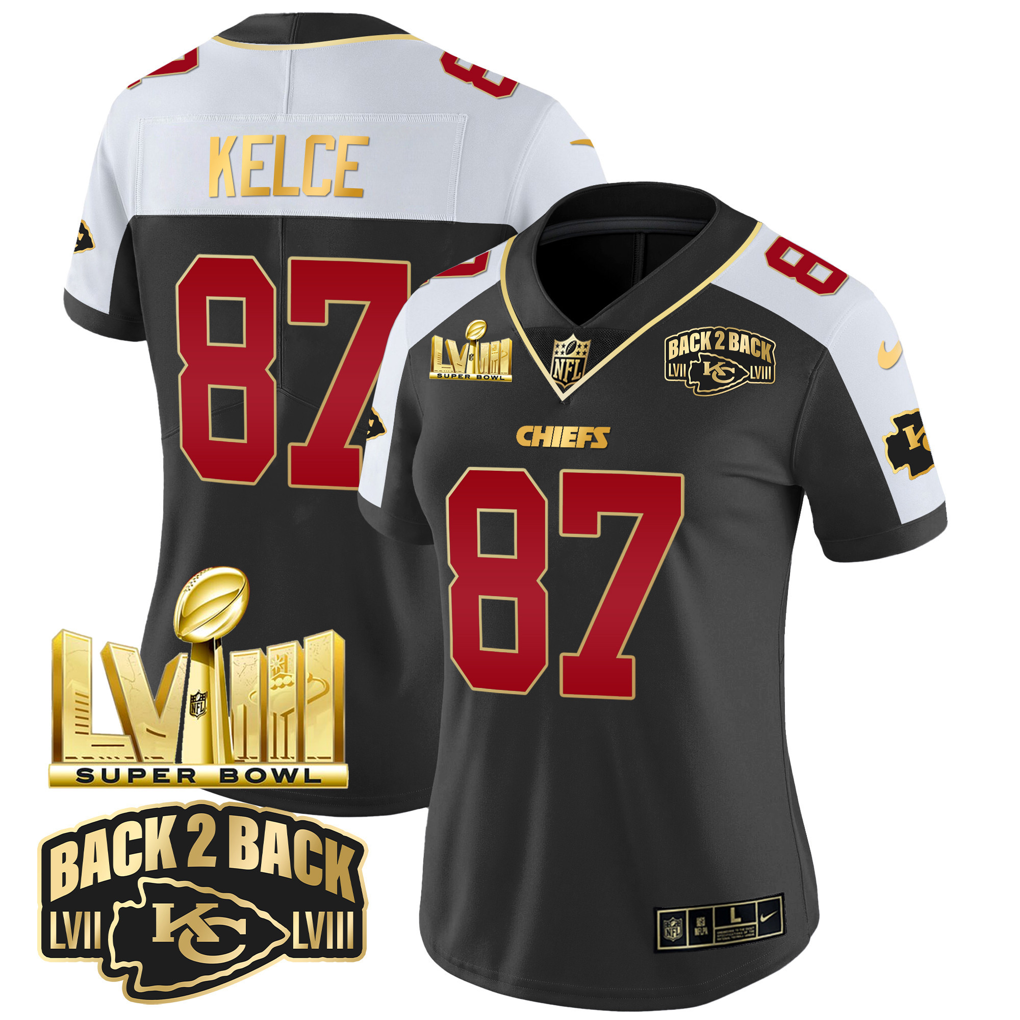 Women's Chiefs Super Bowl LVIII & Back 2 Back Gold Patch Vapor Jersey - All Stitched - Image 2