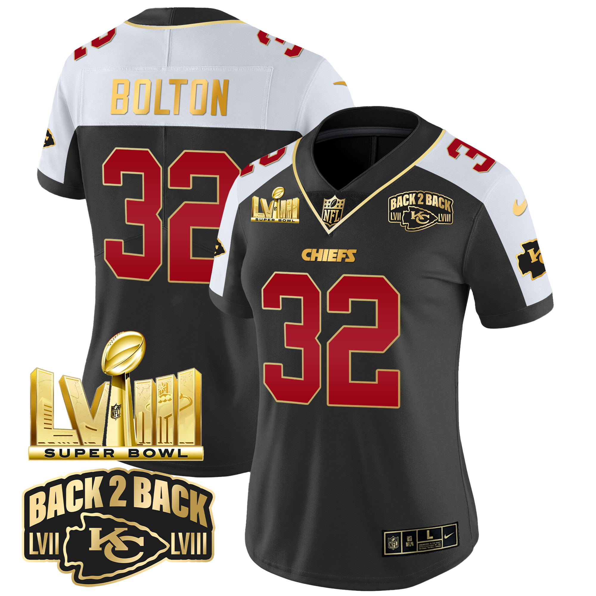 Women's Chiefs Super Bowl LVIII & Back 2 Back Gold Patch Vapor Jersey - All Stitched - Image 6
