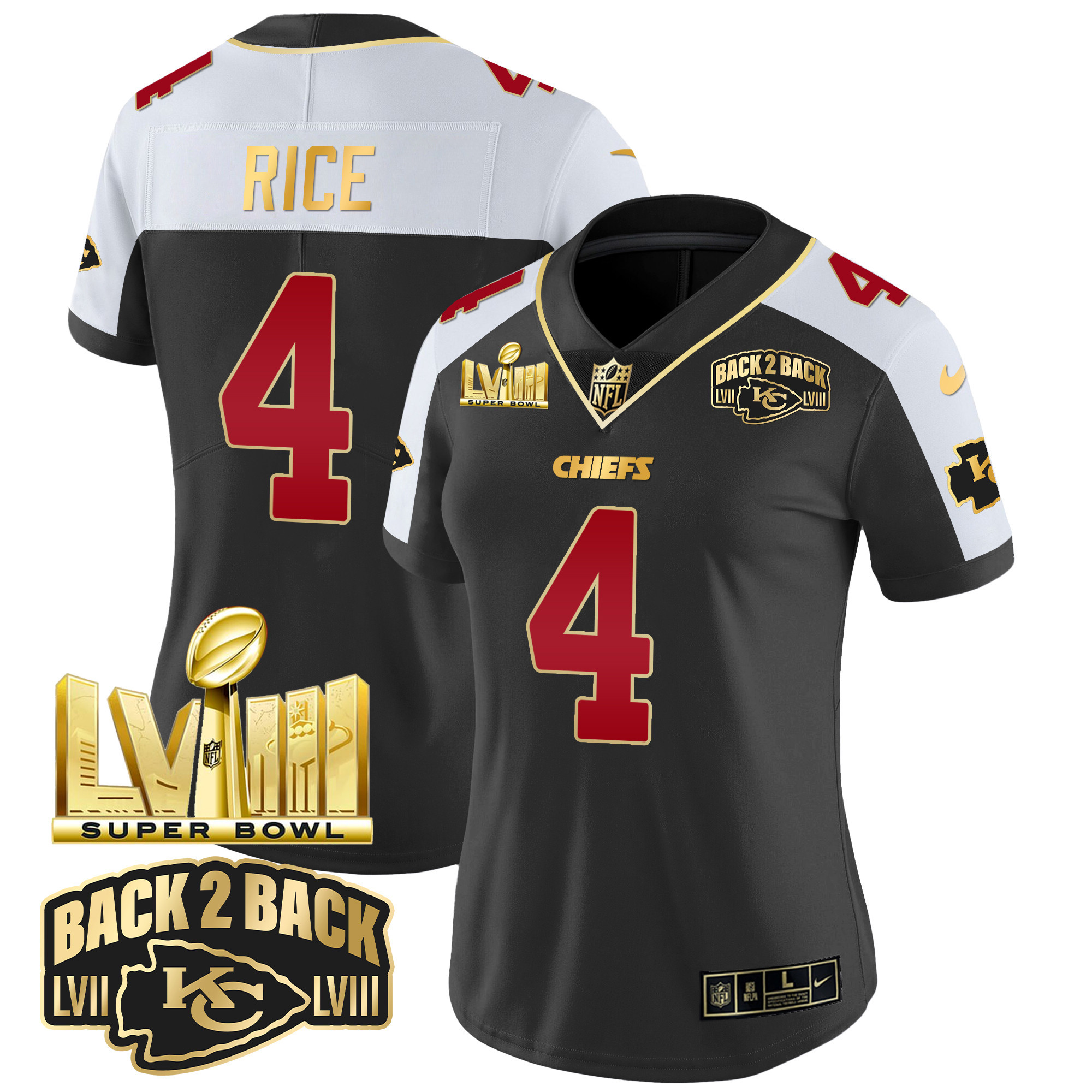 Women's Chiefs Super Bowl LVIII & Back 2 Back Gold Patch Vapor Jersey - All Stitched - Image 7