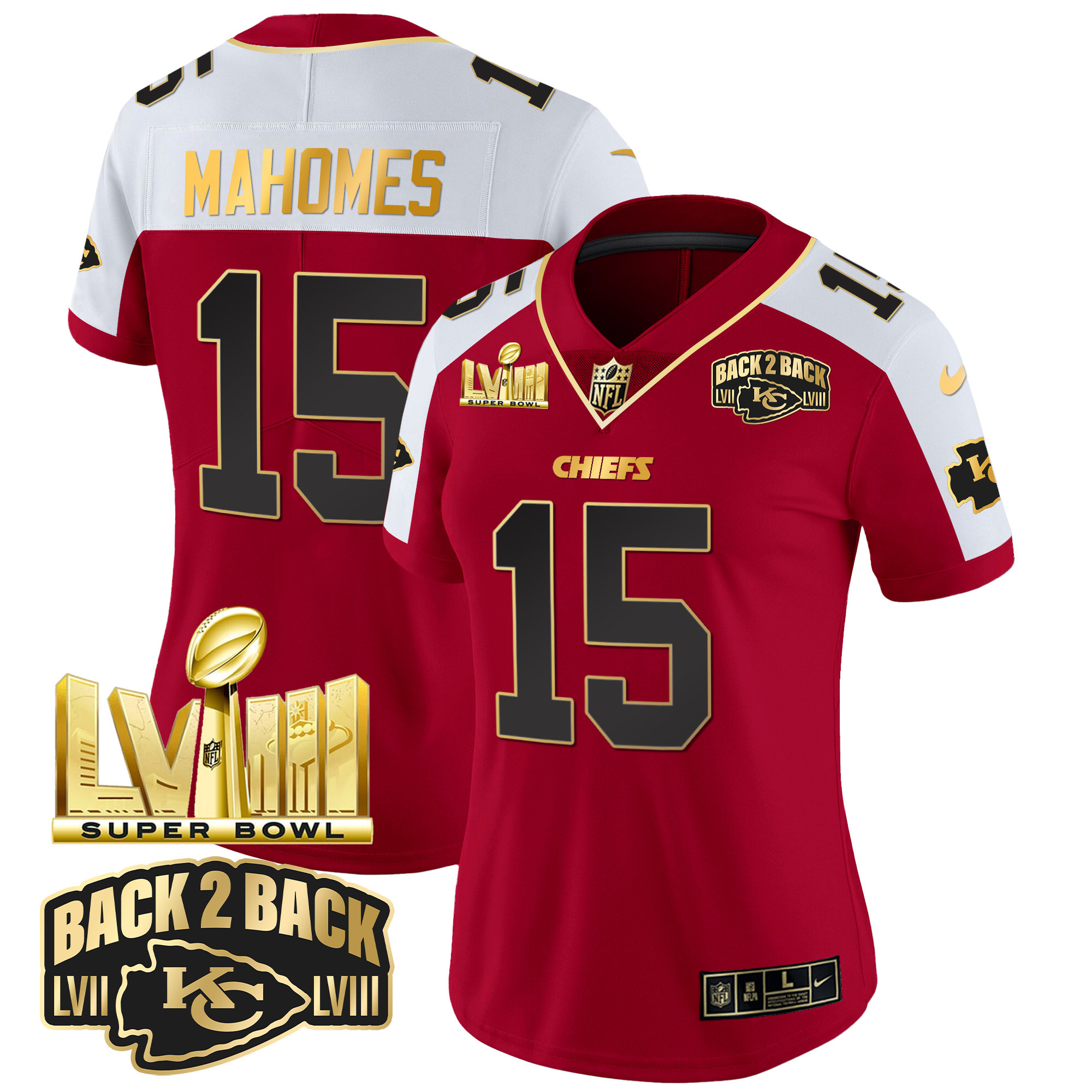 Women's Chiefs Super Bowl LVIII & Back 2 Back Gold Patch Vapor Jersey - All Stitched - Image 9