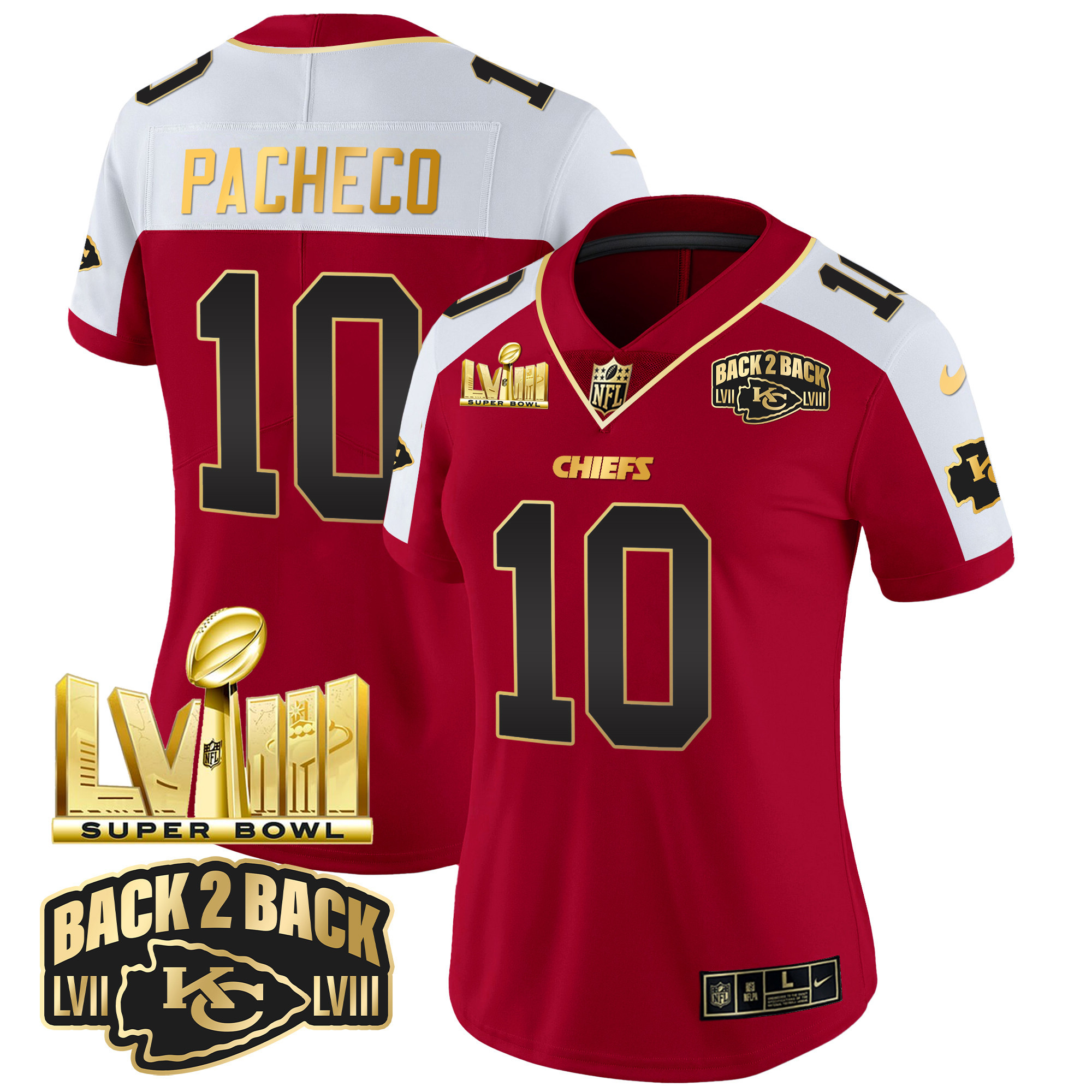 Women's Chiefs Super Bowl LVIII & Back 2 Back Gold Patch Vapor Jersey - All Stitched - Image 12