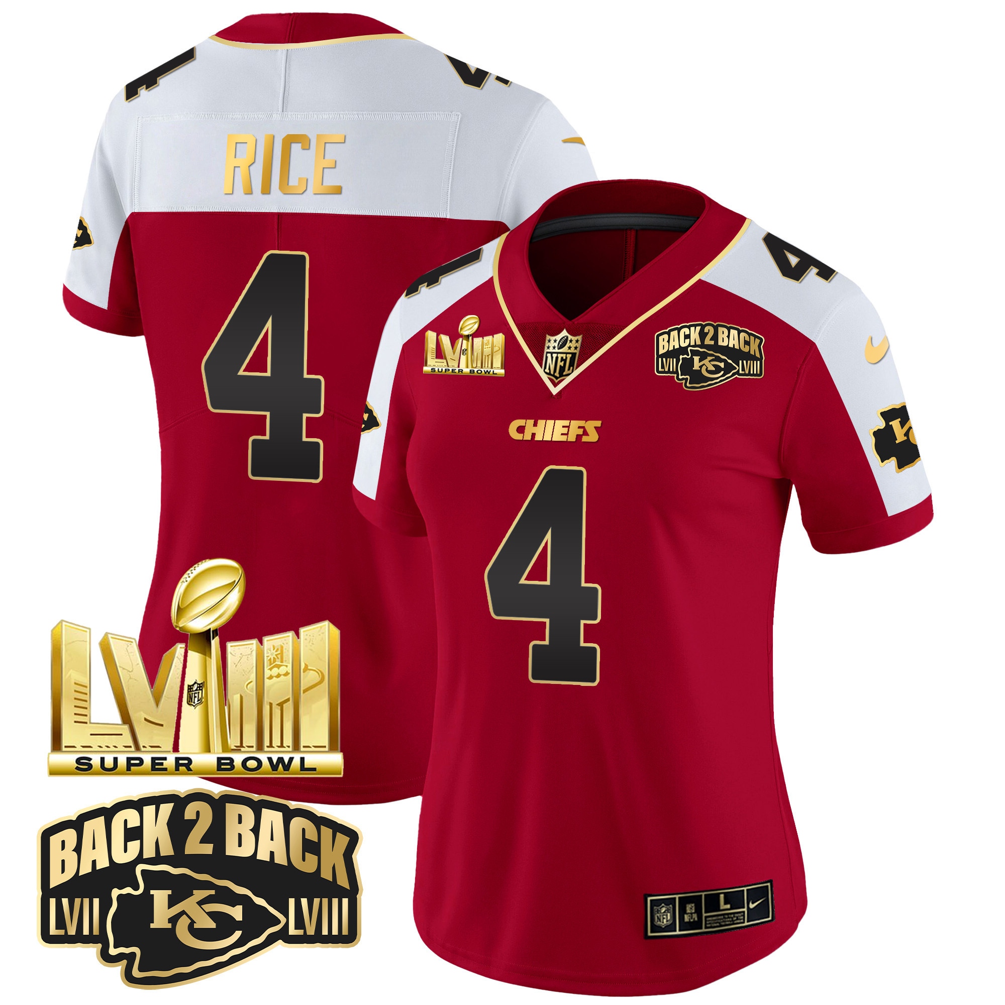 Women's Chiefs Super Bowl LVIII & Back 2 Back Gold Patch Vapor Jersey - All Stitched - Image 15