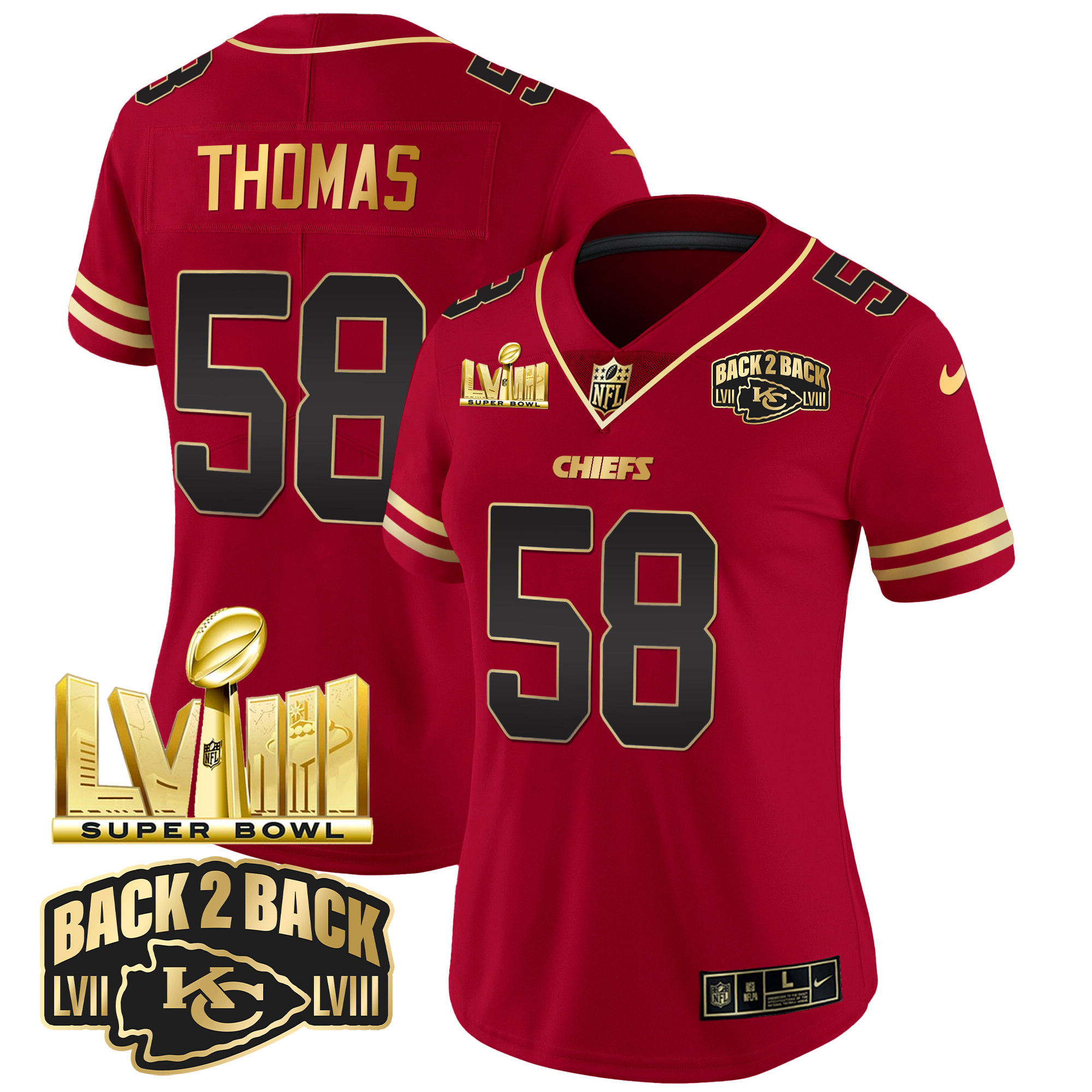 Women's Chiefs Super Bowl LVIII & Back 2 Back Gold Patch Vapor Jersey - All Stitched - Image 19