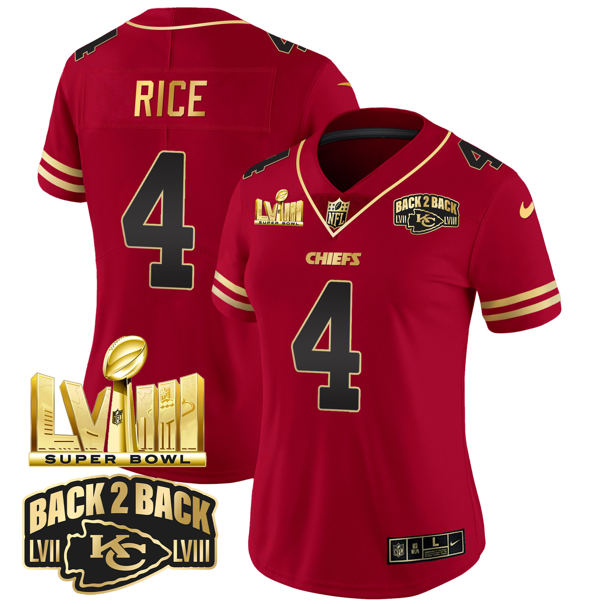 Women's Chiefs Super Bowl LVIII & Back 2 Back Gold Patch Vapor Jersey - All Stitched - Image 23