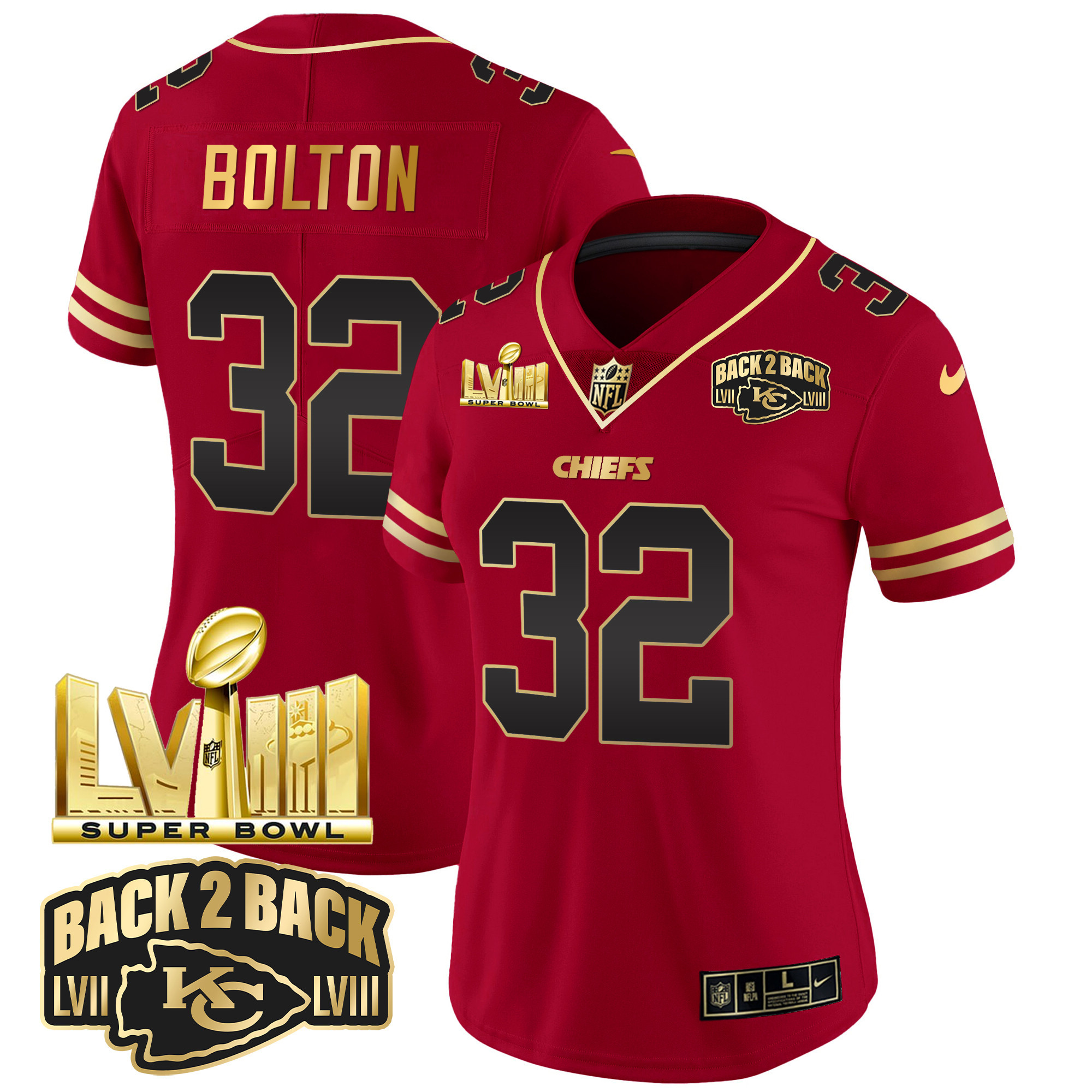 Women's Chiefs Super Bowl LVIII & Back 2 Back Gold Patch Vapor Jersey - All Stitched - Image 22