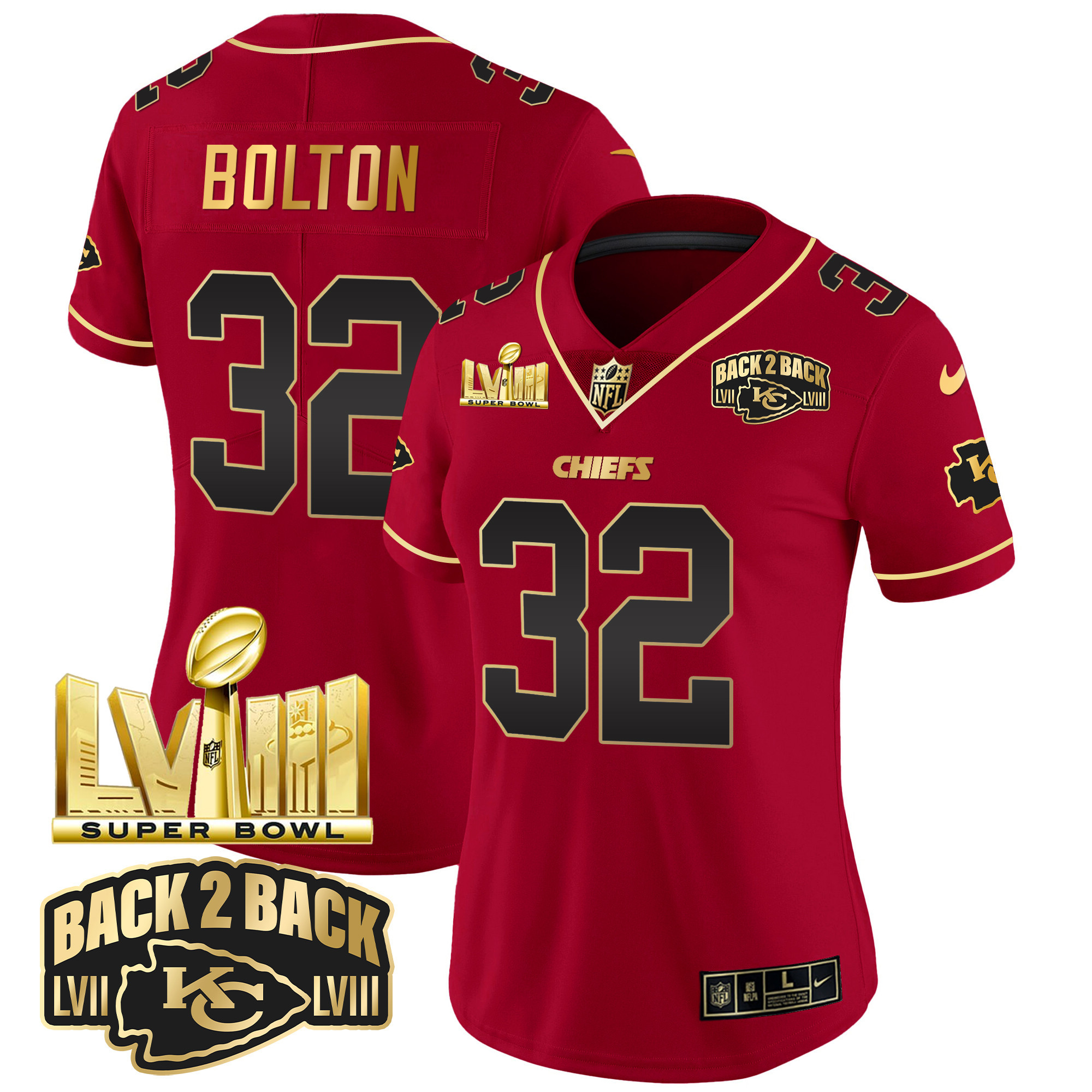 Women's Chiefs Super Bowl LVIII & Back 2 Back Gold Patch Vapor Jersey - All Stitched - Image 30