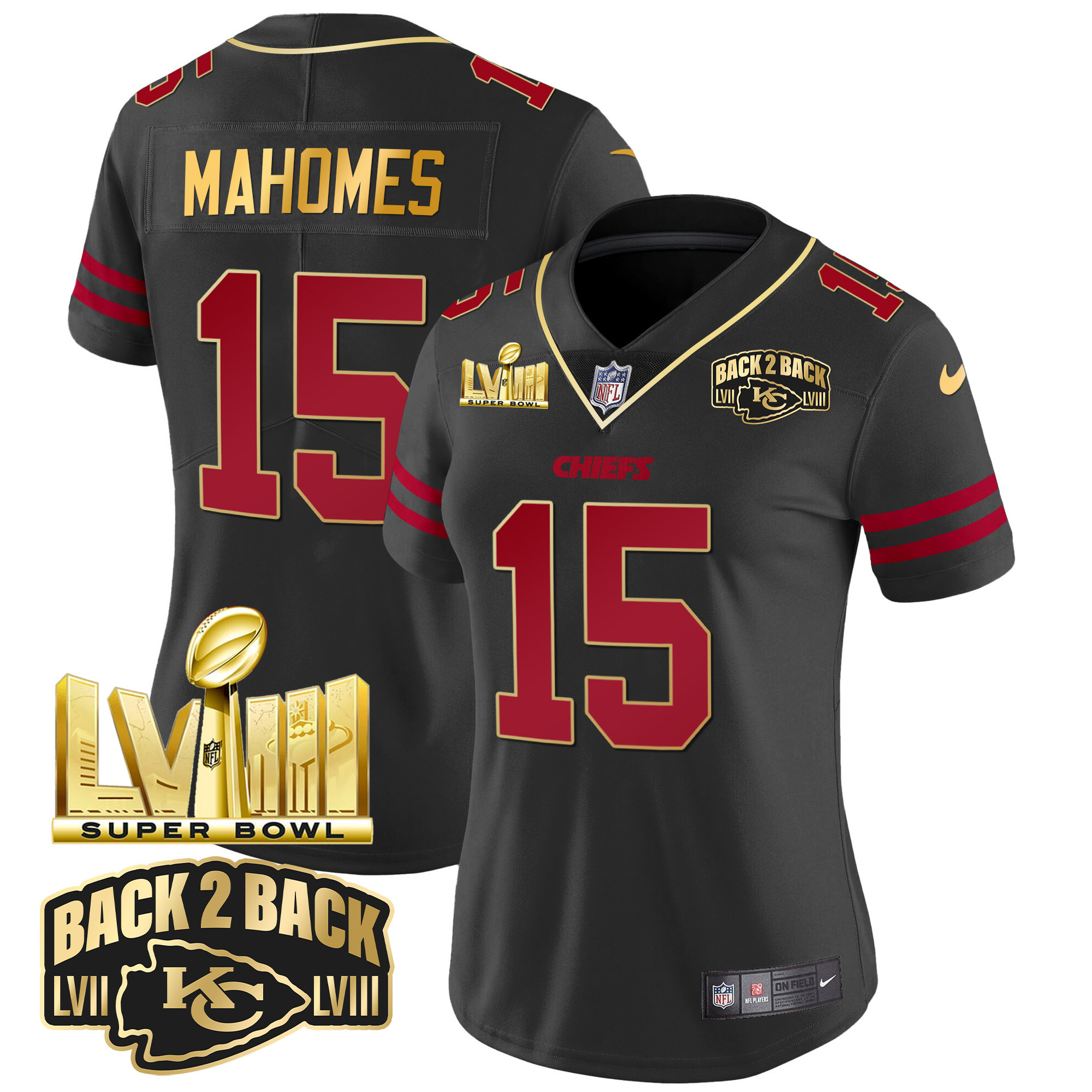 Women's Chiefs Super Bowl LVIII & Back 2 Back Gold Patch Vapor Jersey - All Stitched - Image 33