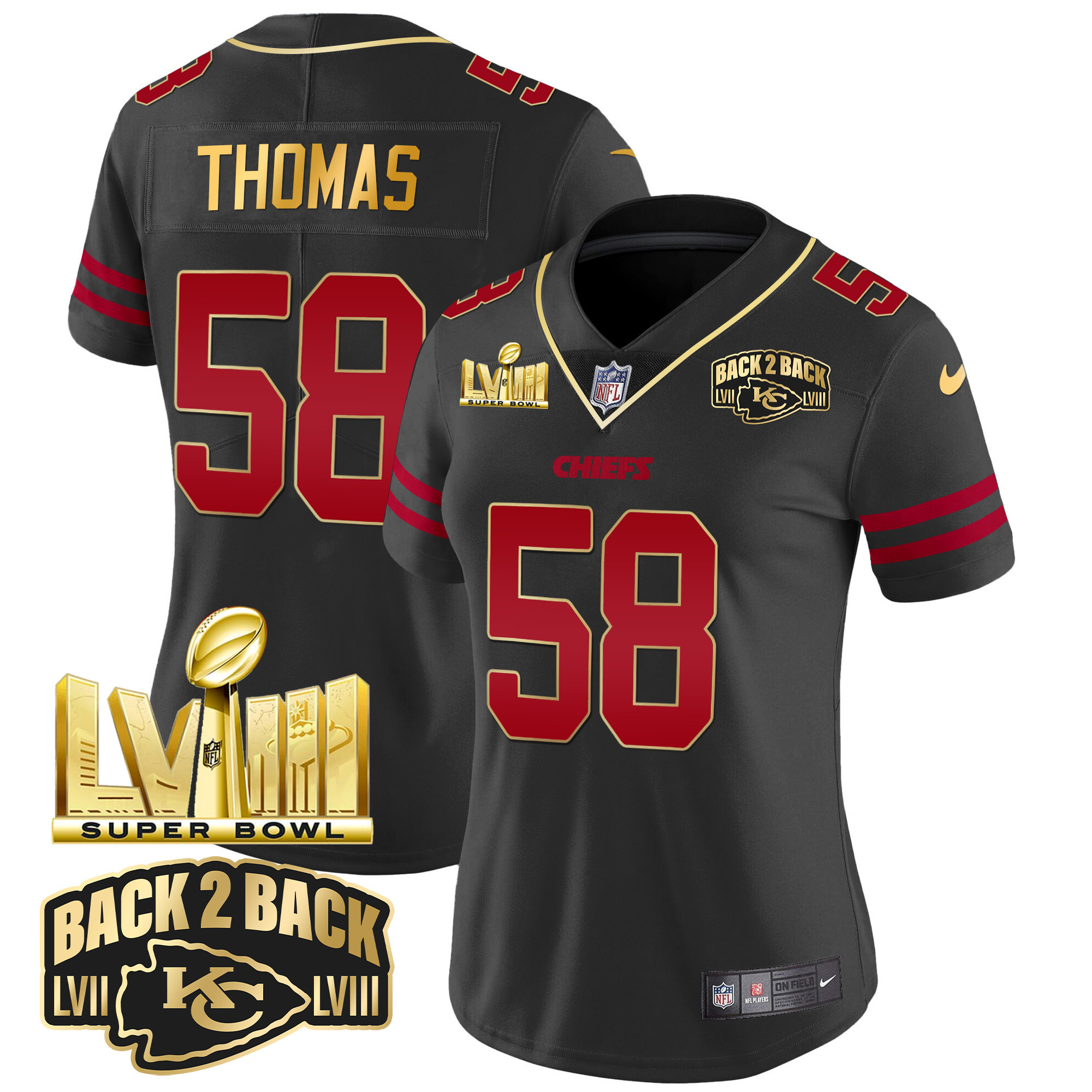 Women's Chiefs Super Bowl LVIII & Back 2 Back Gold Patch Vapor Jersey - All Stitched - Image 35