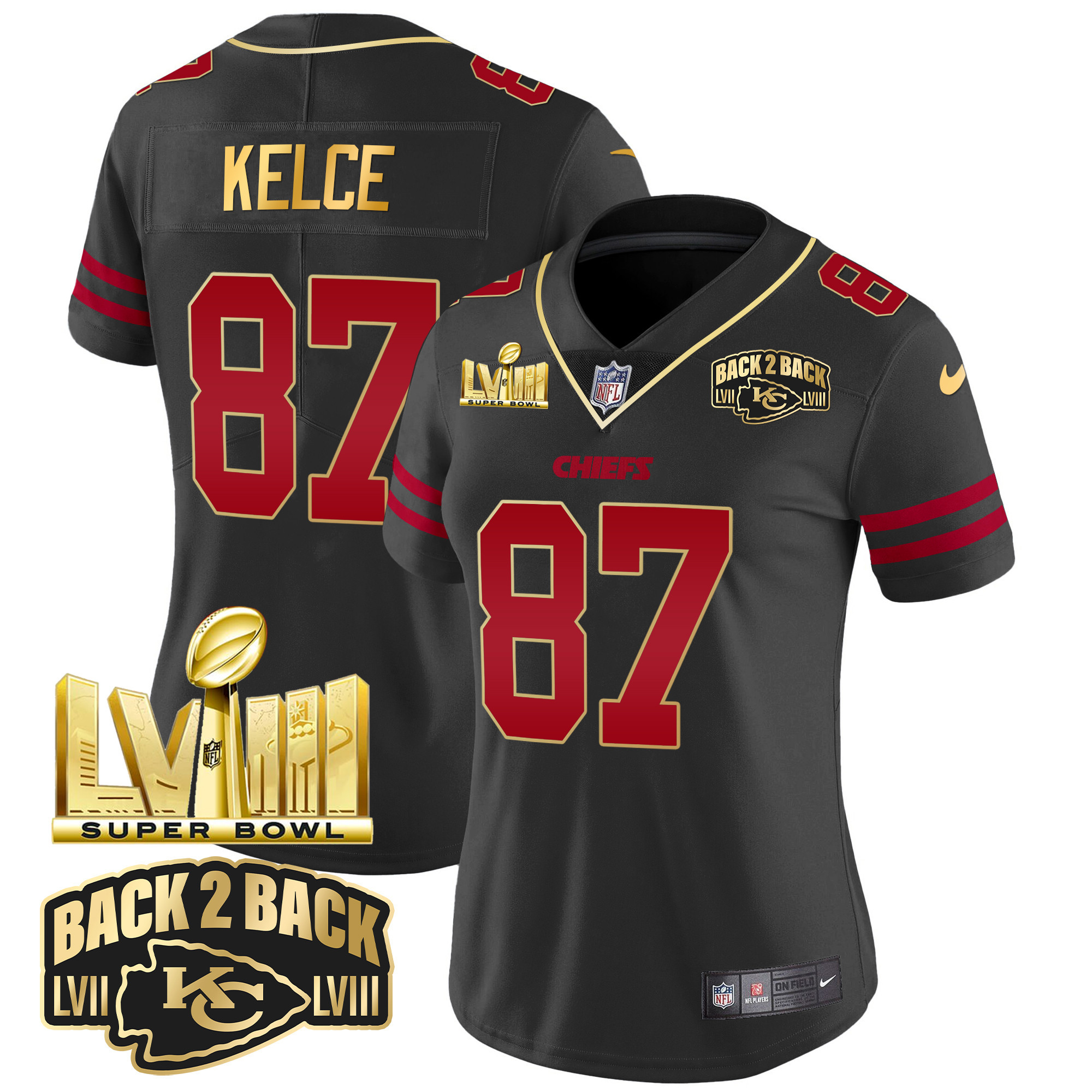 Women's Chiefs Super Bowl LVIII & Back 2 Back Gold Patch Vapor Jersey - All Stitched - Image 34