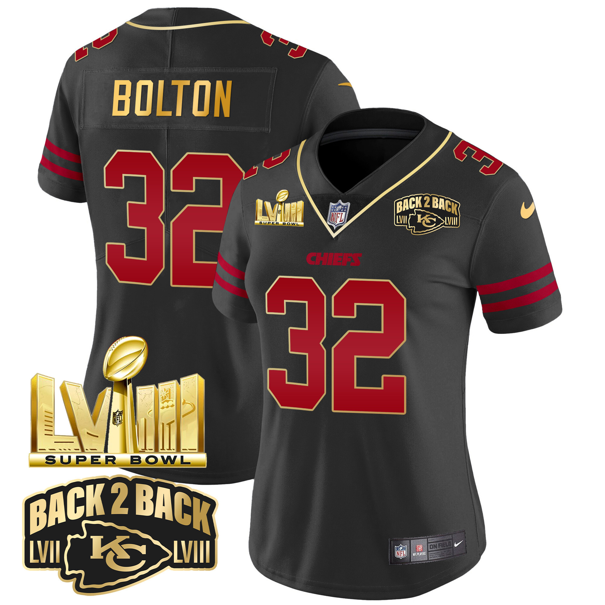 Women's Chiefs Super Bowl LVIII & Back 2 Back Gold Patch Vapor Jersey - All Stitched - Image 38