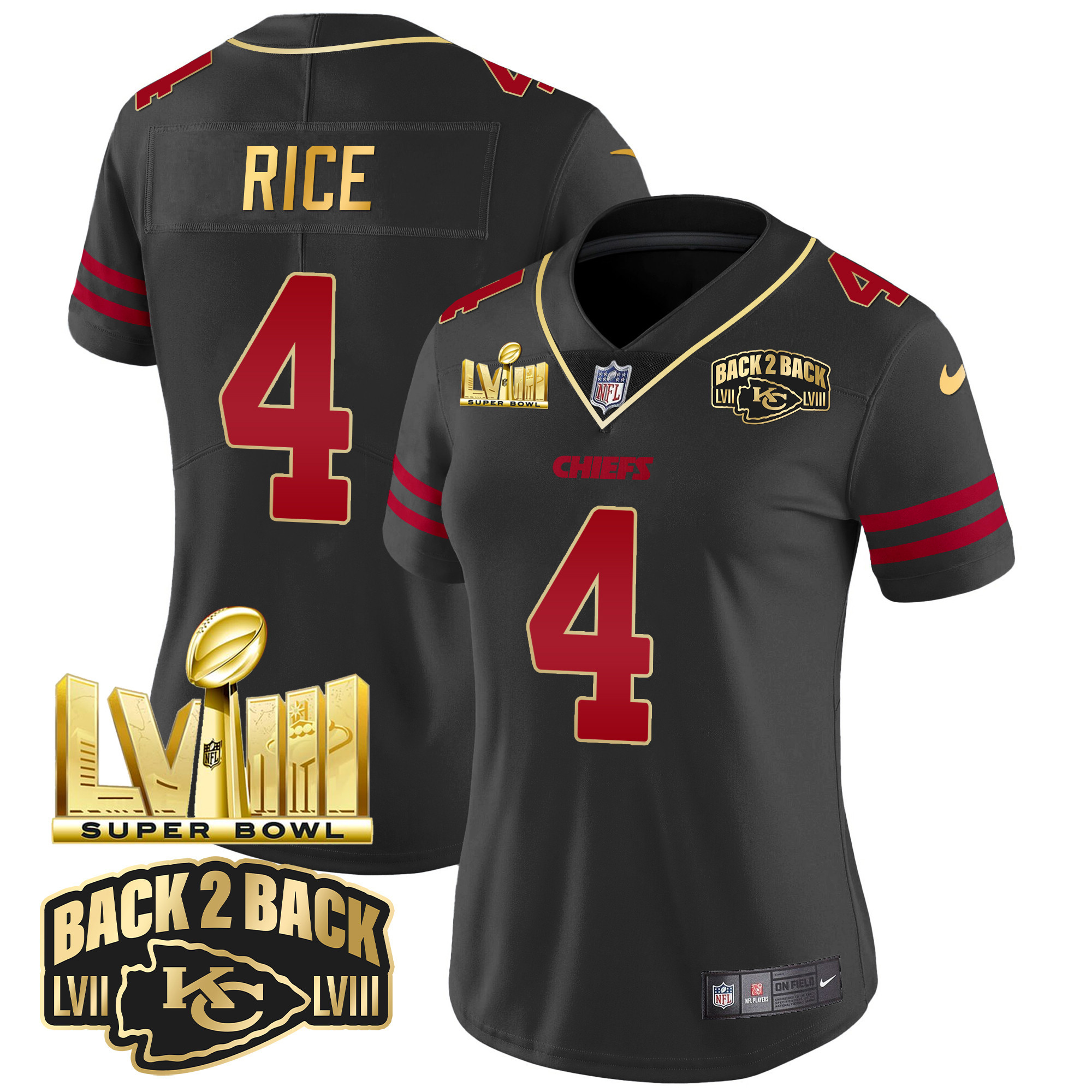 Women's Chiefs Super Bowl LVIII & Back 2 Back Gold Patch Vapor Jersey - All Stitched - Image 39