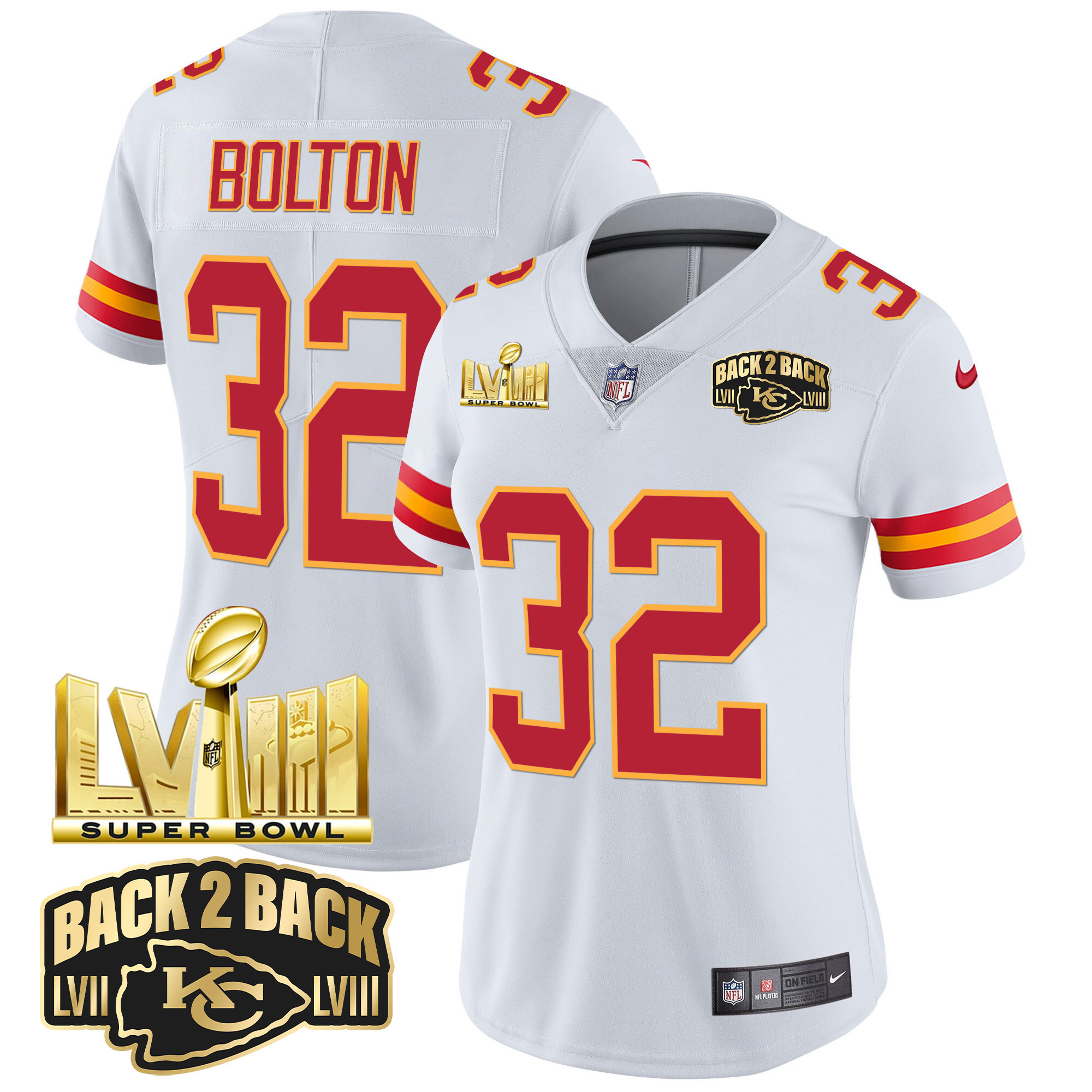 Women's Chiefs Super Bowl LVIII & Back 2 Back Gold Patch Vapor Jersey - All Stitched - Image 54