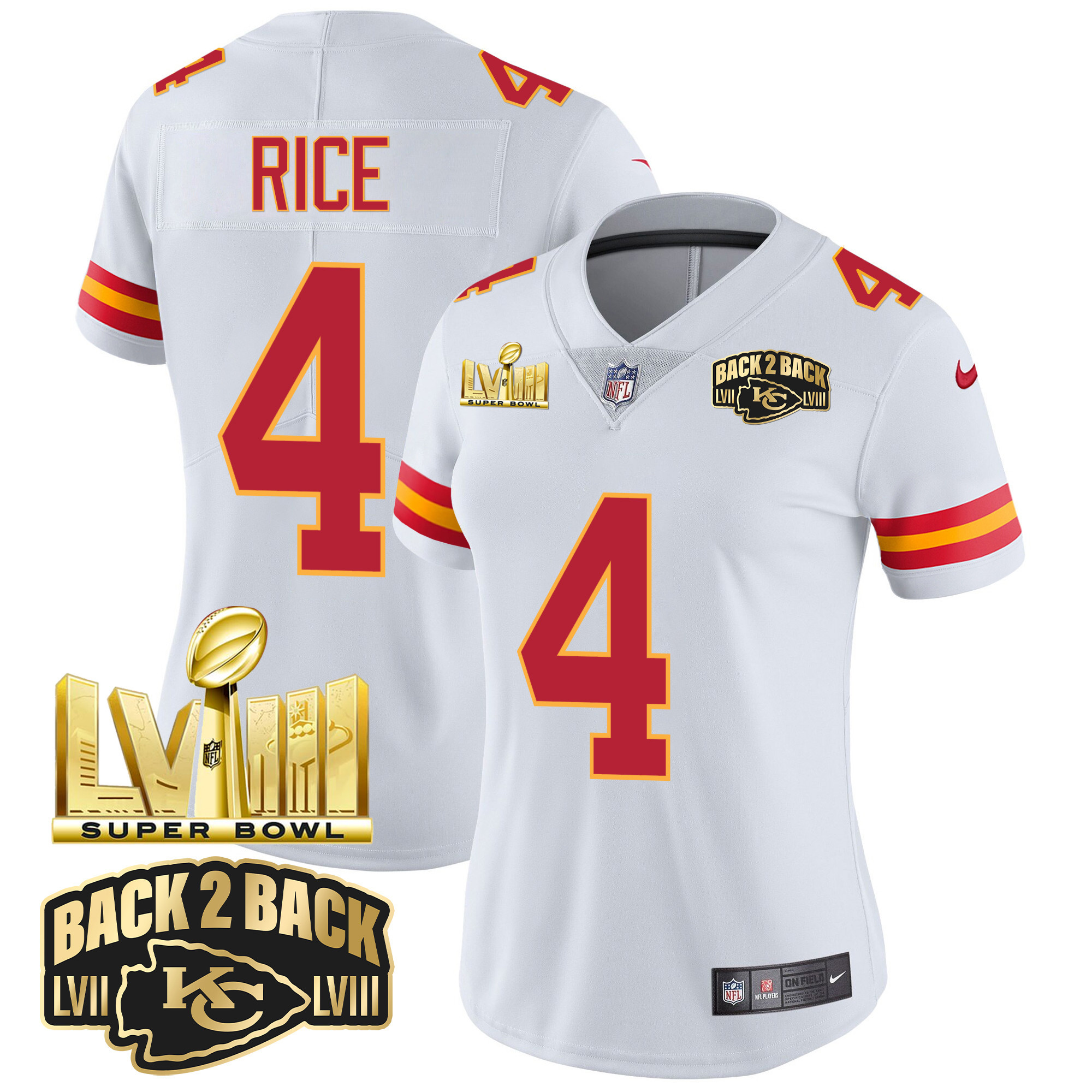 Women's Chiefs Super Bowl LVIII & Back 2 Back Gold Patch Vapor Jersey - All Stitched - Image 55