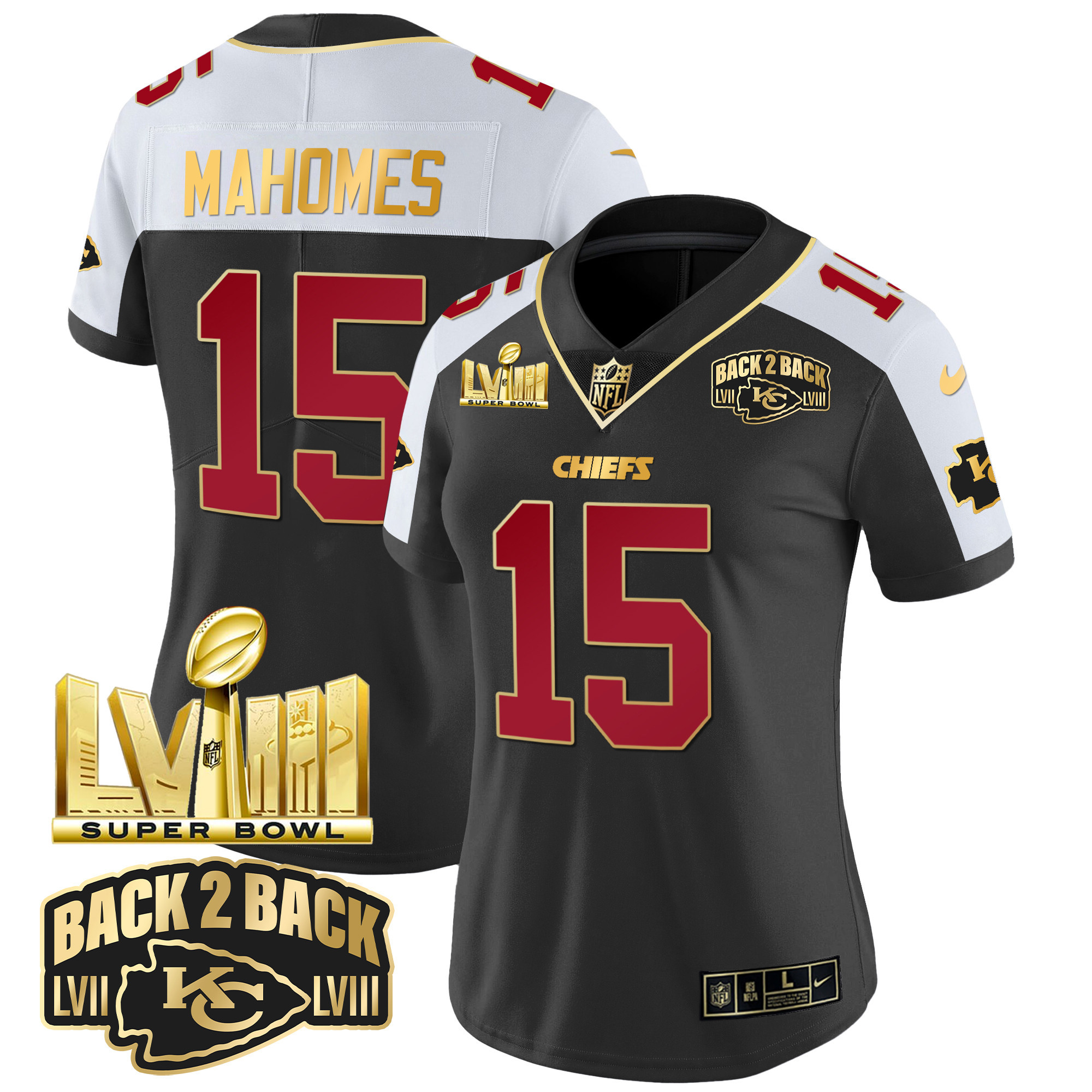 Women's Chiefs Super Bowl LVIII & Back 2 Back Gold Patch Vapor Jersey - All Stitched