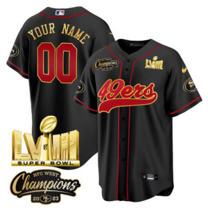 49ers NFC West Champions & Super Bowl LVIII Gold Patch Baseball Custom Jersey - All Stitched