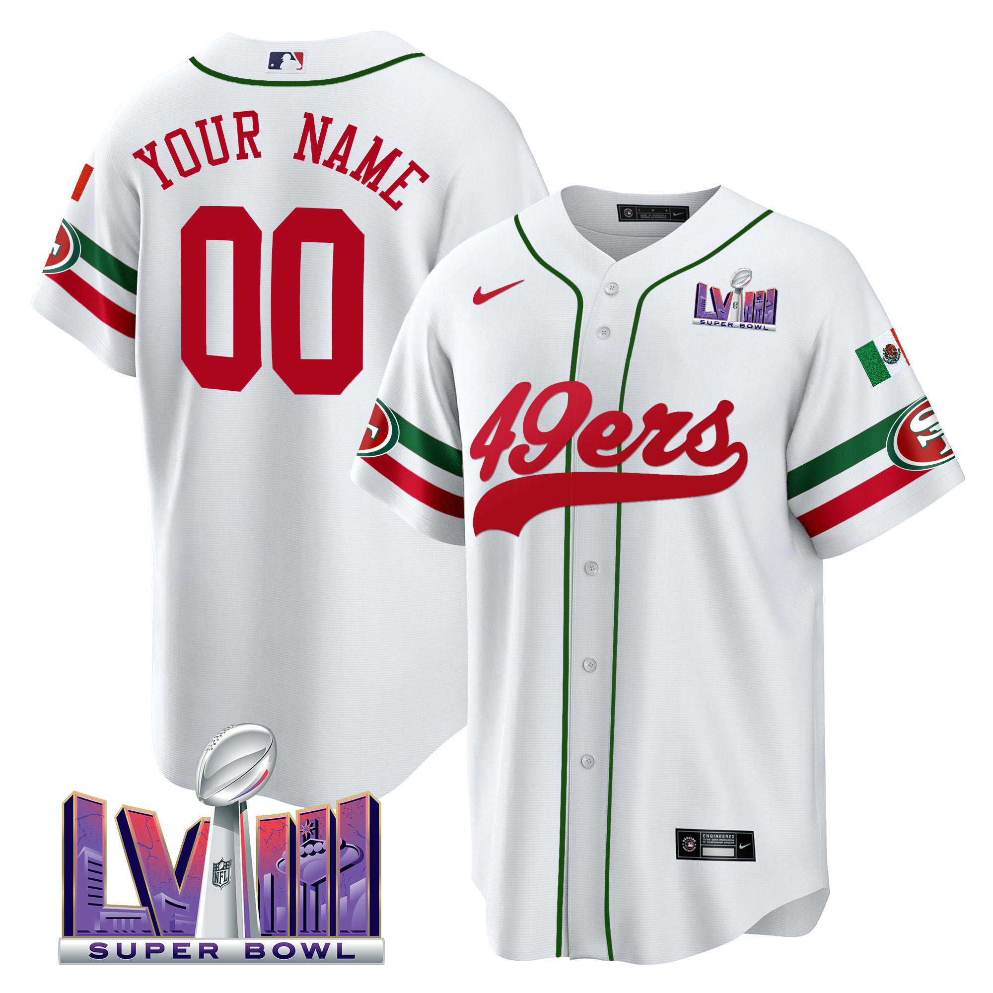 49ers Mexico Super Bowl LVIII Patch Baseball Custom Jersey - All Stitched