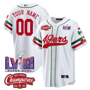 49ers Mexico NFC West Champions & Super Bowl LVIII Patch Baseball Custom Jersey - All Stitched