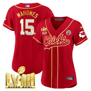 Women's Chiefs Super Bowl LVIII Gold Patch Baseball Jersey - All Stitched