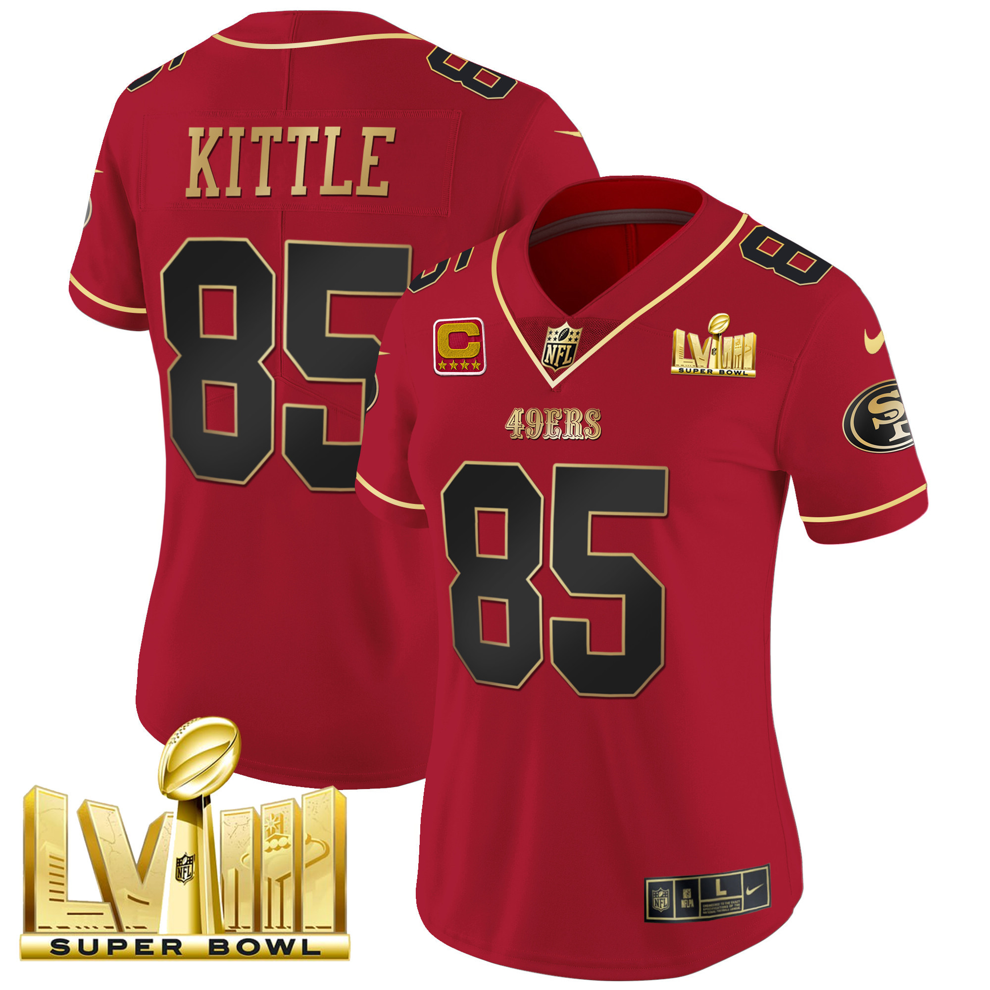 Women's 49ers Super Bowl LVIII Gold Patch Vapor Jersey - All Stitched - Image 14