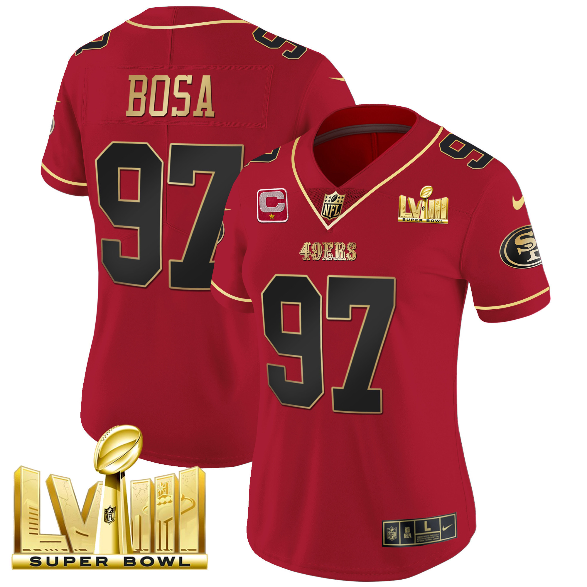 Women's 49ers Super Bowl LVIII Gold Patch Vapor Jersey - All Stitched - Image 17