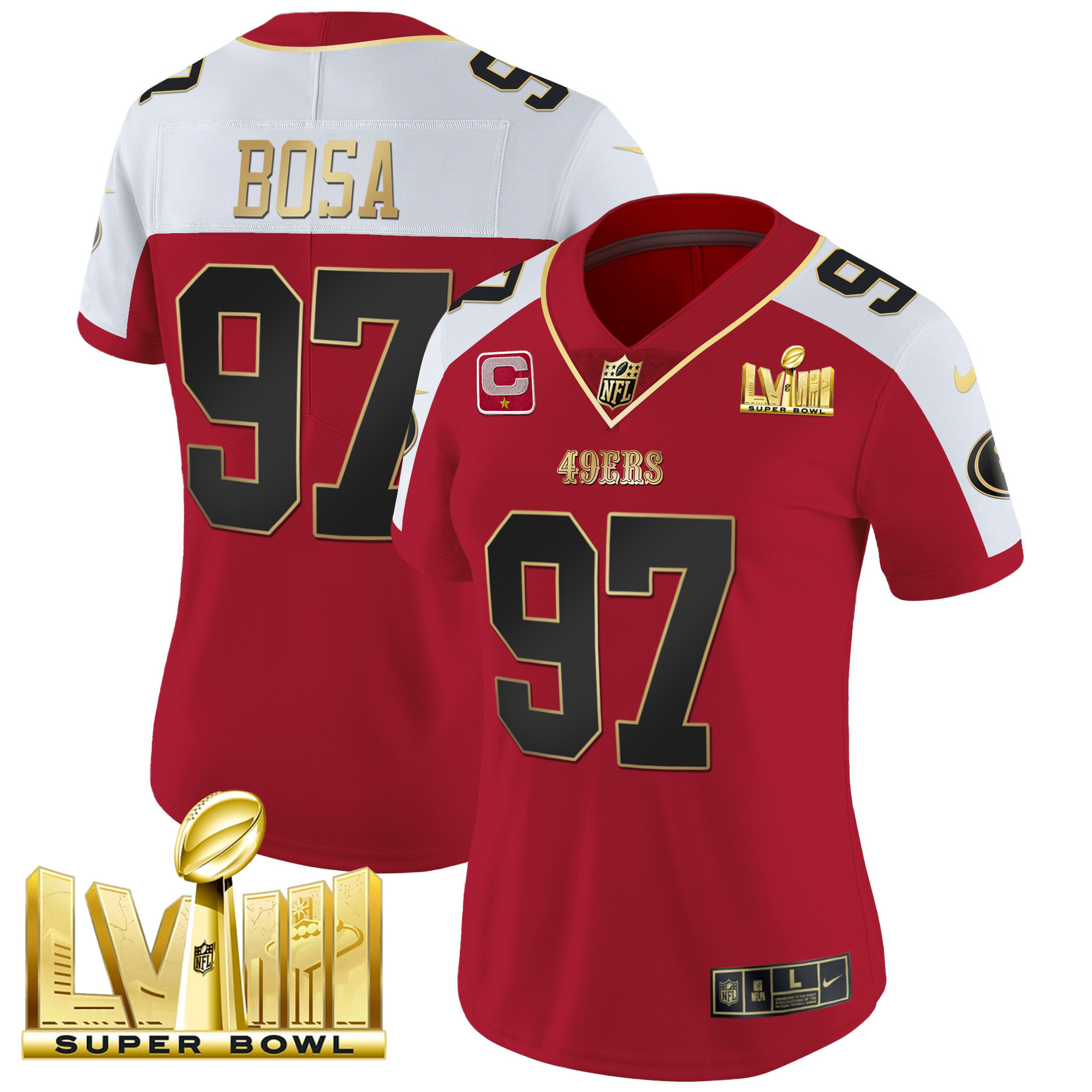 Women's 49ers Super Bowl LVIII Gold Patch Vapor Jersey - All Stitched - Image 47